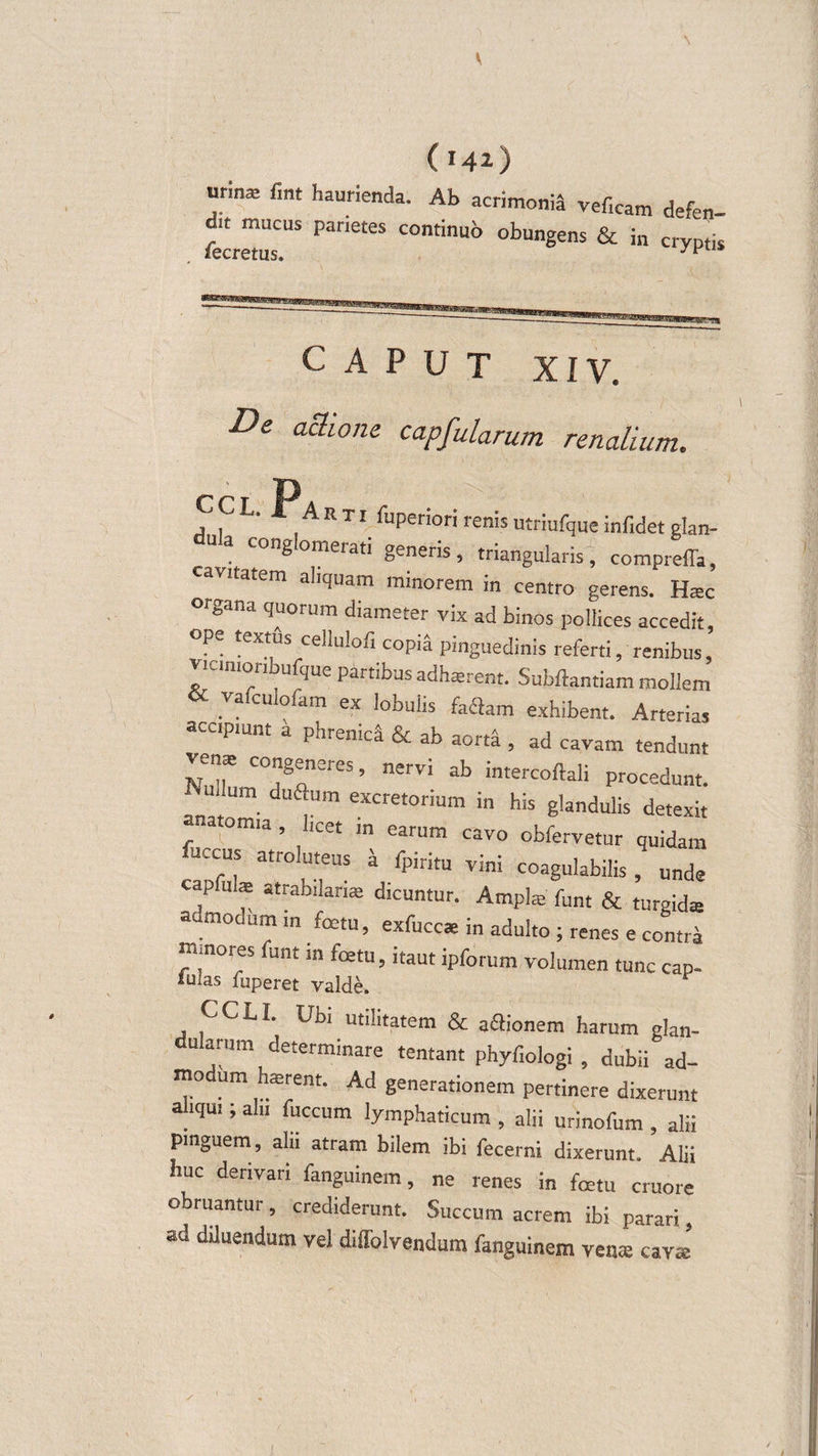 ( *4*) urina fint haurienda. Ab acrimonia veficam defen- fecrZr Parie£eS COWinU6 °bUngenS &amp; in C1'yP‘is CAPUT XIV. De actione capfularum renalium. CL. Arti fuperiorirenisutriufqueinfidetglan inglomerari generis, triangularis, compreffa. cavitatem aliquam minorem in centro gerens. Hsc organa quorum diameter vix ad binos pollices accedit, ope textus celluloit copia pinguedinis referti, renibus, .. U j*Ue Part‘bus adhaerent. Subfentiam mollem &amp; vafculofam ex lobulis faflam exhibent. Arterias accipiunt a phrenici &amp; ab aorti , ad cavam tendunt venar congeneres, nervi ab intercoftali procedunt, udum duftum excretorium in his glandulis detexit atomia , licet m earum cavo obfervetur quidam iuccus atroluteus i fpiritu vini Coagulabilis , unde capful* atrab.lanae dicuntur. Amplte funt &amp; turgid* admodum in foem, exfucc* in adulto; renes e contra minores funt m fatu, itaut ipforum volumen tunc cap- lulas fuperet valde. CCLI. Ubi utilitatem &amp; asionem harum glan¬ dularum determinare tentant phyfiologi , dubii ad¬ modum luerent. Ad generationem pertinere dixerunt aliqui; alu fuccum lymphaticum , alii urinofum , alii Pinguem, ala atram bilem ibi fecerni dixerunt. Alii huc derivari fanguinem, ne renes in fatu cruore obruantur, crediderunt. Succum acrem ibi parari, ad diluendum vel diffolvendum fanguinem ven® cav® U