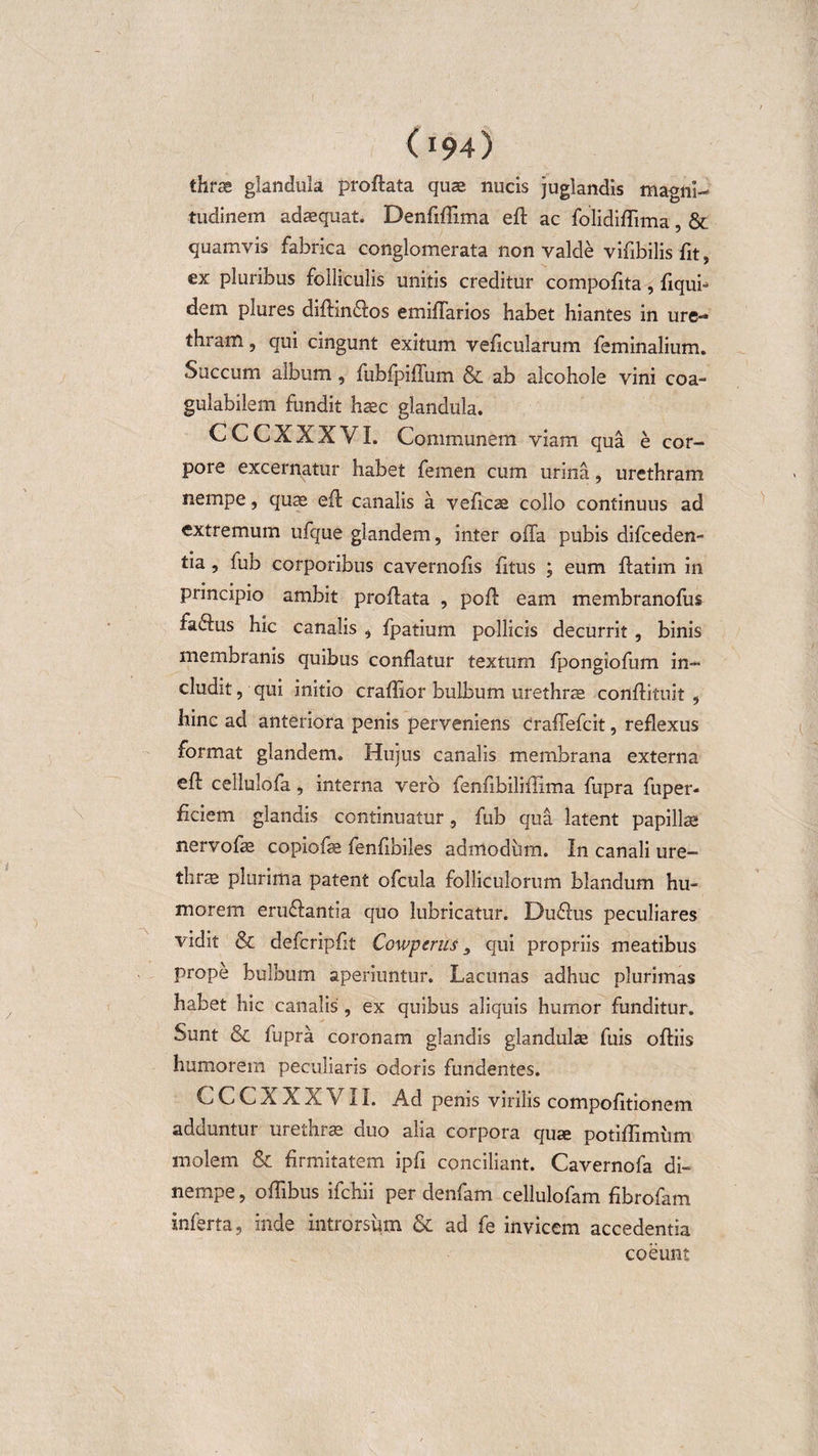 thrse glandula proflata quae nucis juglandis magni¬ tudinem adaequat. Denfiflima efl ac folidiffima, &amp; quamvis fabrica conglomerata non valde vifibilis fit, ex pluribus folliculis unitis creditur compofita, fiqub dem plures diflinflos emiffarios habet hiantes in ure¬ thram , qui cingunt exitum veficularum feminalium. Succum album, fubfpiffum &amp; ab aicohole vini coa- gulabilem fundit haec glandula. CCCXXXVI. Communem viam qua e cor¬ pore excernatur habet femen cum urina, urethram nempe, quae efl canalis a veficae collo continuus ad extremum ufque glandem, inter offa pubis difceden- tia, fub corporibus cavernofis fitus ; eum flatiin in principio ambit proflata , pofl eam membranofus faflus hic canalis $ fpatium pollicis decurrit , binis membranis quibus conflatur textum fpongiofum in¬ cludit , qui initio craflior bulbum urethrae conffituit , hinc ad anteriora penis perveniens craffefcit, reflexus format glandem. Hujus canalis membrana externa efl cellulofa, interna vero fenfibiliffima fupra fuper- ficiem glandis continuatur, fub qua latent papillae nervofae copiofae fenfibiles admodum. In canali ure¬ thrae plurima patent ofcula folliculorum blandum hu¬ morem eruflantia quo lubricatur. Duflus peculiares vidit &amp; defcripfit Cowperus qui propriis meatibus prope bulbum aperiuntur. Lacunas adhuc plurimas habet hic canalis , ex quibus aliquis humor funditur. Sunt &amp; fupra coronam glandis glandulae fuis ofliis humorem peculiaris odoris fundentes. C C C X X X V11. Ad penis virilis compofitionem adduntur urethrae duo alia corpora quae potiffimum molem &amp; firmitatem ipfi conciliant. Cavernofa di- nempe, offibus ifchii per denfam cellulofam fibrofam inferta, inde introrsum &amp; ad fe invicem accedentia coeunt