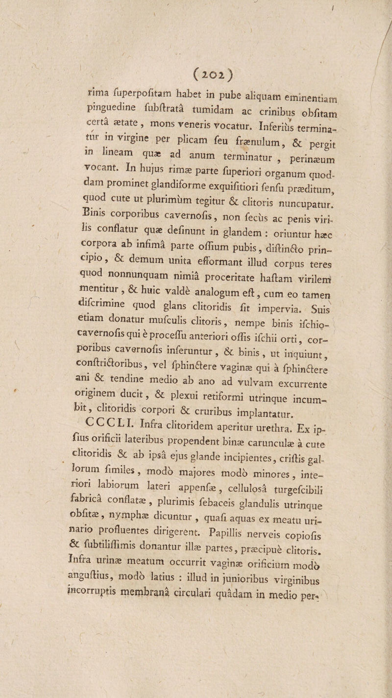 / (202) rima ffiperpofitam habet in pube aliquam eminentiam pinguedine fubftratl tumidam ac crinibus oblitam certa aetate , mons veneris vocatur. Inferius termina¬ tur in virgine per plicam feu fnenulum, &amp; pergit m Irneam quae ad anum terminatur , perinaeum vocant. In hujus rim&lt;e parte fuperiori organum quod- dam prominet glandiforme exquifitiori fenfu pneditum, quod cute ut plurimum tegitur &amp; clitoris nuncupatur! Binis corporibus cavernofis, non fecus ac penis viri hs conflatur quse delinunt in glandem : oriuntur hxc corpora ab infimi parte offiurn pubis, diffin&amp;o prin¬ cipio , &amp; demum unita efiormant illud corpus teres quod nonnunquam nimii proceritate haflam virilem mentitur, &amp; huic valde analogum efl , cum eo tamen difcrimine quod glans clitoridis fit impervia. Suis etiam donatur mufculis clitoris, nempe binis ifchip- cavernofis qui e proceffu anteriori offis ifchiiorti, cor¬ poribus cavernofis inferuntur , &amp; binis , ut inquiunt, conftn&amp;oribus, vel fphinttere vaginae qui a fphin&amp;ere ani &amp; tendine medio ab ano ad vulvam excurrente originem ducit, &amp; plexui retiformi utrinque incum¬ bit , clitoridis corpori &amp; cruribus implantatur. C C C L L Infra clitoridem aperitur urethra. Ex ip- fius orificii lateribus propendent binae carunculae a cute clitoridis &amp; ab ipsa ejus glande incipientes, criffis gal¬ lorum fimiles, modo majores modo minores, inte¬ riori labiorum lateri appenfae, cellulosi turgefcibili fabrica conflatae, plurimis febaceis glandulis utrinque oblitae, nymphae dicuntur , quafi aquas ex meatu uri¬ nario profluentes dirigerent. Papillis nerveis copiofis &amp; fubtiliffimis donantur illae partes, praecipue clitoris. Infra urinae meatum occurrit vaginae orificium modj anguibus, modo latius : illud in junioribus virginibus incorruptis membrana circulari quadam in medio per*