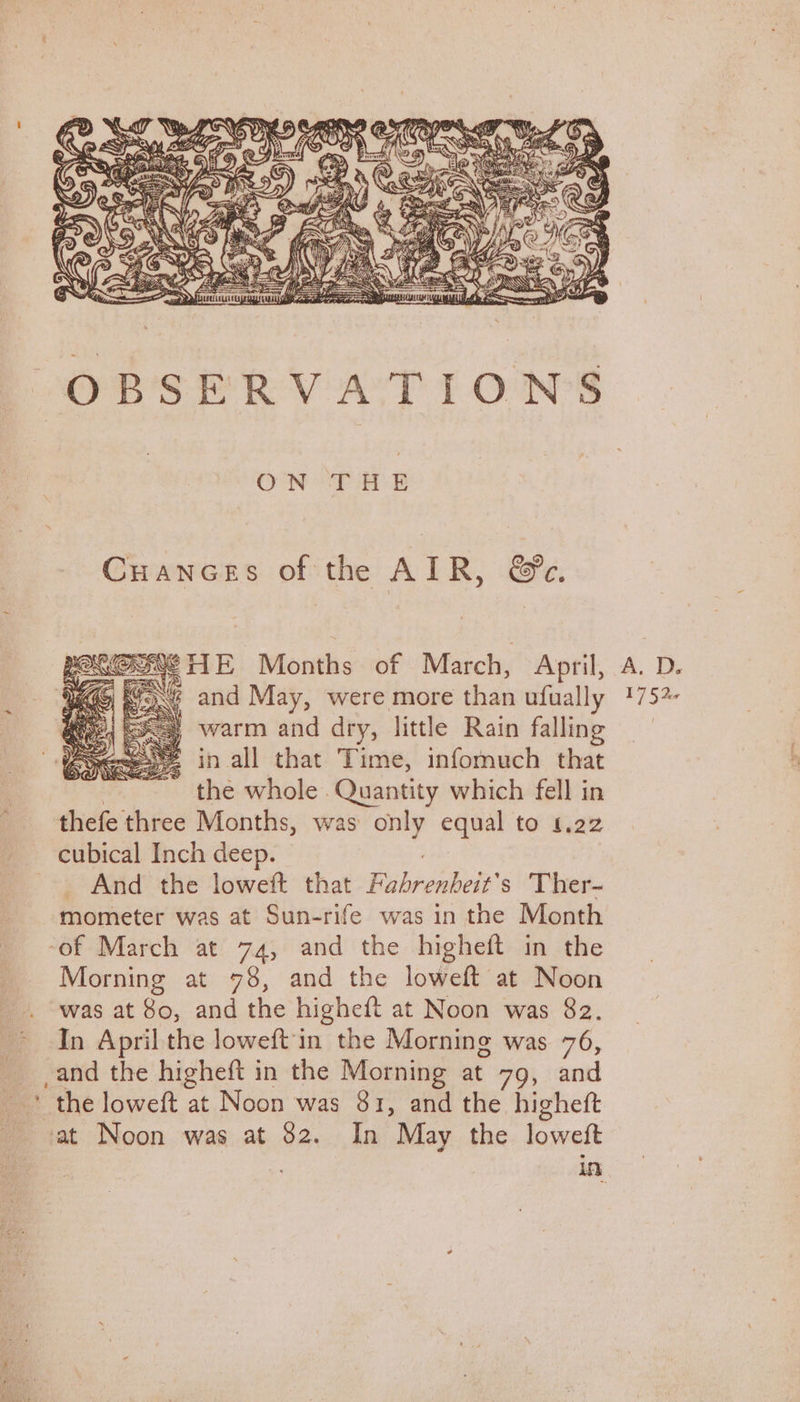 Cuances of the AIR, &amp;e. GE TIE Months of March, April, A. D. GG and May, were more than ufually 175?- warm and dry, little Rain falling in all that Time, infomuch that the whole Quantity which fell in thefe three Months, was only equal to 1.22 cubical Inch deep. And the loweft that ihren s Ther- -mometer was at Sun-rife was in the Month ‘of March at 74, and the higheft in the Morning at 78, and the loweft at Noon . was at 80, and the higheft at Noon was 82. In April the loweft in the Morning was 76, and the higheft in the Morning at 79, and on the loweft at Noon was 81, and the higheft at Noon was at $2. In May the loweft in