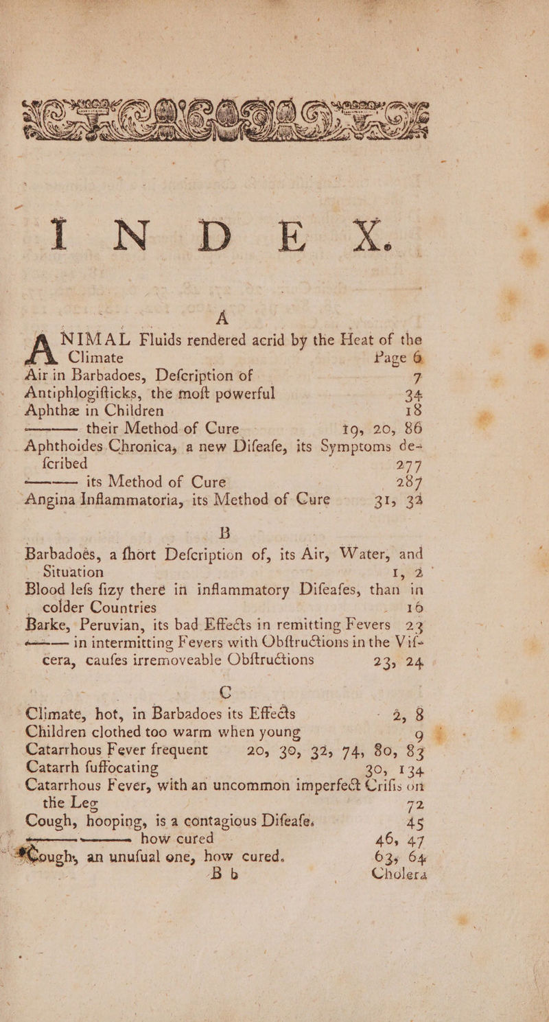 Climate Page &amp; Air in Barbadoes, Defcription of — 7 Antiphlogifticks, the moft powerful 34 Aphthe 1 in Children 18 ———— their Method of Cure . 19520, 86 Aphthoides Chronica, a new Difeafe, its Symptoms de- {cribed 3 277 ———— its Method of Cure 237 “Angina Inflammatoria, its Method of Cure 31534 + : : B . Barbadoés, a fhort Defcription of, its Air, Water, and Sion ties Blood lefs fizy theré in inflammatory Difeafes, than in _ colder Countries 516 Barke, Peruvian, its bad Effects in remitting Fevers 23 +—— in intermitting Fevers with Obftructions in the Vit- cera, caufes irremoveable Obftructions 23) 24 Be OE bs ae Climate, hot, in Barbadoes its Effects Be : ~ Children clothed too warm when young Catarrhous Fever frequent 20, 30, 325 74, 80, $3 Catarrh fuffocating 30, 134 Catarrhous Fever, with an uncommon imperfe&amp; Crifis on the Leg 7 Cough, hooping, is a contagious Difeafe. AS (teen nnn How cured 46, 47 “Gough, an unufual one, how cured. 635 64 Bob Cholera
