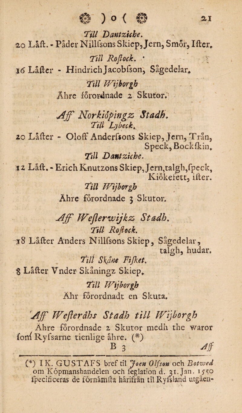 Till Dantztche. 2,0 Låft. - Påder Nillfsons Skiep, Jern, Smor, Ifteiv Till Ro fl ock. * ~ ■ t 16 Låfter - Hindrichjacobfson, Sågedelar* Till Wijhorgh ~ . Åhre forordnade z Skutor*1 Ajfl Norkiopingz Stadh. Till LybeckK 20 Låfter - Oloff Anderfsons Skiep, Jern, Trån, Speck,Bockfkin, Till Dantztche. iz Låft. * Erich Kuutzons Skiep, Jern,talgh,fpeck, Kiokefett, ifter. Till Wijborgb Åhre forordnade } Skutor. Jlff T/Ve fler wijkz, Stadh. Till Ro fl ock. Låfter Anders Nillfsons Skiep, Sågedelar, talgh, hudar* TiU Skftne Fifket. § Låfter Vnder Skåningz Sldep* Till Wijborgb Ähr förordnadt en Skuta. rAjj Weflerdhs Stadh till Wijborgb Ähre forordnade z Skutor medh the waror foft{ Ryfsarne tienlige åhre. (fl) B 3 Jjf {*) I K. GUSTAFS bref til Joen Olfson och Botwed om Köpmanshandelen och feglation d. 31, Jan. if%o fpecifieeras de fornåmfta härifrån tilRyfslahd utgäeu-