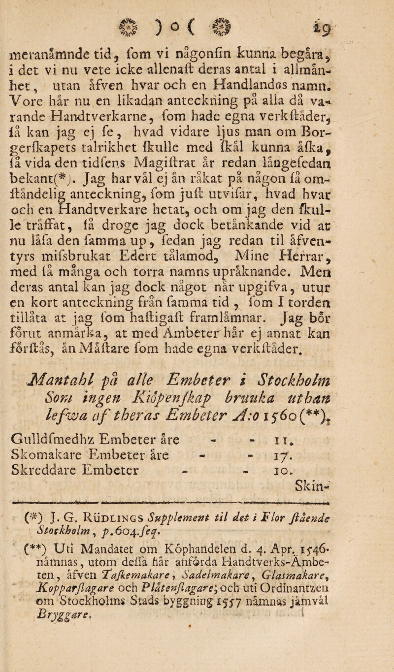 €l ) 0 ( '0 £gr meranåmnde tid, fom vi någonfin kunna begära, i det vi nu vete icke allenaft deras antal i allmän¬ het , utan åfven hvar och en Handlandss namn. Vore hår nu en likadan anteckning på alla då va-, rande Handtverkarne, fom hade egna verkftäder, iå kan jag ej fe, hvad vidare ljus man om Bor- gerikapets talrikhet {kulle med ikål kunna å(kaf iå vida den tid fens Magiftrat år redan långefedan bekant(#j. Jag har val ej ån råkat på någon få om- Itåndelig anteckning, fom juft utvifar, hvad hvar och en Handtverkare hetat, och om jag den fkul- le träffat, iå droge jag dock betänkande vid ac nu låfa den famma up, fedan jag redan til åfven- tyrs mifsbrukat Edert tålamod, Mine Herrar, med lå många och torra namns up räknande. Mea deras antal kan jag dock något når upgifva, utur en kort anteckning från famma tid , fom I torden tillåta at jag fom haftigafl framlämnar. Jag bor förut anmärka, at med Ämbeter hår ej annat kan for ilås, ånMåflare fom hade egna verkftåder. Mantahl på alle Embeter i Stockholm Som ingen Kiopenjkap bruuka ut han lefwa af theras Embeter A:o 15'6o(**)t Gulldfmedhz Embeter åre Skomakare Embeter åre Skreddare Embeter C*) J. G. Rudlings Supplement til det i Flor flående Stockholm, p.6ö^.fec[, (**) Uti Mandatet om Kophandelen d. 4. A pr. 1 ^46* nämnas, utom deffa hår anförda H-andtverks-Ämbe- ten, åfven Tajkemakare, Sadelm akare, Glasmakar e, Kopparflagare och Plåtenflagare’, och uti Ordinantxen om Stockholms Stads byggning.155*7 nåmnas jåmvål Bryggare, II. 17- 10. Skin-
