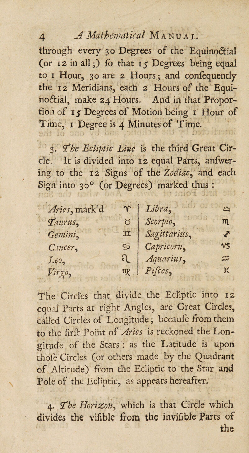 through every 30 Degrees of the Equinoctial (or 12 in all;) fo that 15 Degrees being equal to 1 Hour, 30 are 2 Hours; and confequently the 12 Meridians, each 2 Hours of the Equi¬ noctial, make 24 Hours. And in that Propor¬ tion of 15 Degrees of Motion being 1 Hour of Time, 1 Degree is 4 Minutes of Time. 3. tfhe Ecliptic Line is the third Great Cir¬ cle. It is divided into 12 equal Parts, anfwer- ing to the 12 Signs of the Zodiac, and each Sign into 30° (or Degrees) marked thus: Aries, mark’d T Libra, STaurus, P Scorpio, m. Gemini, XL Sagittarius, Cancer, © Capricorn, vs Leo, Aquarius, Virgo, vx. Pifces, K The Circles that divide the Ecliptic into 12 equal Parts at right Angles, are Great Circles, called Circles of Longitude; becaufe from them to the firft Point of Aries is reckoned the Lon¬ gitude of the Stars: as the Latitude is upon thole Circles (or others made by the Quadrant of Altitude) from the Ecliptic to the Star and Pole of the Ecliptic, as appears hereafter. 4. L’he Horizon, which is that Circle which divides the vifible from the invifible Parts of the
