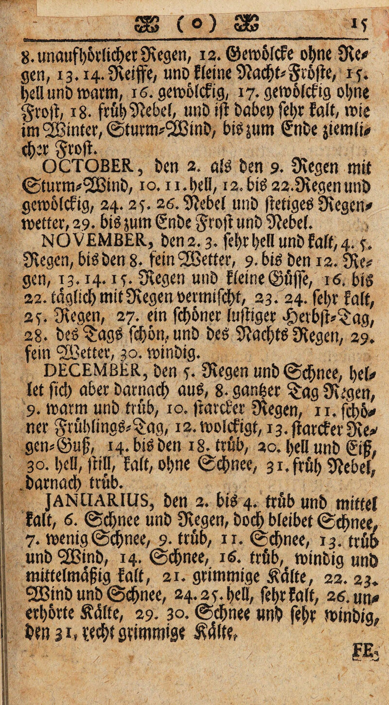 C O) 8. unauf^6clii^«9\eg«n, la. @cw6lcfc o^ine Üv«# gen, 13.14. Üveijfe, unD fletnc 9?acl^t#Si’6fi«, i f. > lellunDtuatm, 16. gett>6fcfig, 17. gen)6(cftg ol)ne §vo)1:, 18- tmö ijl Döbep fel)r faft, wie im hinter, @turm?®inD, btepm Snt>ciiem(w grojt. OCTOBER, bcn 2. ölö t>en 9. 9\cgen mit (gturmoSBinö, 10. ii.t)en, 12, big aa.Svegenunö gen>6(cfig, 24.2^ ag.^jebcl unb Ibefigcg Dicgcn/ roefter, 29. big jum Snbe 3^ro)1 unb 9?ebe(. NOVEMBER, bena.s. fcl)r l)eH unb faft, 4. t. CRegen, bigben 8. fein^SSetter, big ben 13. Sve,? gen, 13.14. if. Siegen unb fieine®fljfe, 16. big 22. fdgiicbmftSiegen »evmifebf/ 23.24. febr foft, 2T. Siegen, 27. ein fc^bner fujiiger >C)ei‘b|b»^ttg, 28. beg ^agg fi^on, unb beg Siael^tg Siegen, fein ‘SBettev, 30. »inbig. DECEMBER, ben f. Siegen unb@d^nee, befi* let ficb aber barimcb aug, 8. ganzer ^ag ^egen, 9. warm unb trfib, lo. ftareber Siegen, n. fd)6i«i ner 5rül)(ingg^^J:ag, 12. wolcfigr, i3.ilarcferSle*' gen-'Öuf, 14. big ben 18. ttfib, 20. bell unb €ii, 30. beü, )iin, faft, ebne 0cbnee, si.frfib 9lebef, .barnacb trüb. Januarius, ben 2. big 4. trflbunb miftel faft, 6. ©dbnee unb Siegen, boeb bleibet ^^nee, 7. wenig ©dbnee, 9. trflb, n. @cbnee, 13. trfib unb '3S?inb, 14. ©dbnec, 16. trfib, winbig unö ttiittelrndfig faft, 21. grimmige Ädfte, 22. 33. ®inb unb @cbnee, 24. a^ bell, febrfaft, ag.um» «rbbrte Ädße, 29.30. ©ebne« «nb febb minbig, bw 31, bbcbl Sliftiwst Pa