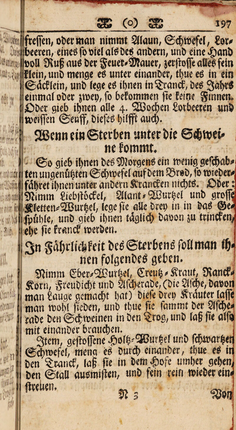 '■ Sil« 4)« m' fieflfen, ofcerjttan nimmt Sllaun, Ux» beeten, eineöfoDieioi^öe^ anlietn, unD eine ^anö »oU fKuf auö Der §euet#3Rouet, jerltofeaDe^feit» ffein, unö menge eß unter einnnDet, t[)ue eö in ein j©dcf(ein, unö fege eö iönen in^rnnef, öeg 3al^« ieinmaf oöet jmep, fo befommen jie feine Smnen. i£)öcr gieb ihnen alle 4. SBochen £orbeeten unÖ jmetflen ©enff, biefeß hiffft auch- , ,r.i H'aI 3 i/)f, iüv> 'rftul ■fl JBcan eiH ©terben ytiterbic ©tfetveb» tie fommt ' ©0 gieb ihnen be6 9)Jorgen^ ein menig gefebnb- ten ungenfihfen ©dhmefef auf bem SSreö, fo miefiet^ fdhtet ihnen unter anbevn Ärancfen nidhtö. £>eer r ^imm €ieb|t6cfef, 2ffont#5!But§el unb grojf^ (ii i.Sfetten^3Bur^cf, fegefte öUe bren in in büö ®e< fpfibfe, unb gieb ihnen t4gli^ baoon ju ttincfen/ che fie franef roerben. 3n SäbfliVbfett t>eö©tfi’bcn^ foKman fö nen folgenbfö geben. Sffimm S'ber#'2ßutbef, €reu^ # Ä'tatit, Siancfi Iforn, 'greubicht unb ^fdherobe, (bie Sifche, baeot man Sauge gemadhf hflt) ^'‘«re breo Äväuter faffe man moh! fieben, unb thue fie fammt bet 2ffdh& rabe ben ©chmeinen in ben ^tog, unb tag fie ttffi mit einanber braunen. Stern, geflofene .©ofh^'^ur^ef unb fchiwle @*mefcf, meng eö butdh einanber, thue eö ii ben ^tanef, tag fte in bem .f)ofc umher gehen, ben ©tall auomifien, unb fein rein »ieberein flreiien. ^ 3 Wm ä