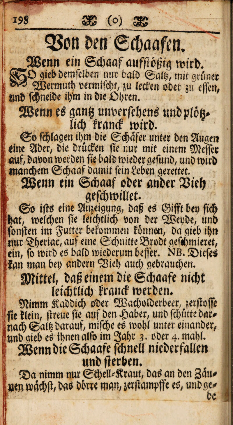 QJon t)en ©ftaafen, 3©cnn ein ©eöaaf onflio^tg tt)ir^ iD giebbemfelben rmc baiD @öli, mit arfincc cjBermutl) uamifd)?, ju (erfen obet ju cjfen, nnb f(?>netÖe i{)m in bie Obren. SSBenit cS gang «niierfeöen^ nntploß* li^ franef n)ir&. ©b bie @^dfer unter ben Sfuflen <lne 2(bcr, bic bruefen fte nur mit einem SWefec öuf/ boöon werben fte bulb wiebergefunb, unb wirö «lant^etn ©ebauf bamif fein geben gerettet. aSJenn ein ©tfenaf o&er nnter QSie^ gefdöwiilet. ©0 tftö eine Sinjeigung, bn^ e^ ©ijft bei) ftdb ^at, twfdben fie teiebttieb «on ber 2Bei)be, unb fon(len im bekommen Ebnnen, bn gieb ibn nur ^b^tiflC/ ©ebnitte Sßrobt gefdimieret, ein; fo wirb eS bafb wicberum bejfer. NB. ®iefeö fgn man bep anbern ^ie!) oud) gebrgueben. 3)?ittel, t)fl§ einem bie ©dbnafe niebt ieicßtlicß franef meeben. 5^imm ®ttbbicb i^ber Sffioebotberbeer, üerjlojfe fie ftein, (treue fte auf ben ^aber, unb feböttebar» na(^0atbborauf; mifdbe eö wobt unter einonber, unb aieb eö ihnen atfo im 3abr 3- ober 4. mabl. 2ßenntie©(6aafe feöneli nieberfallen «nb (ieeben. S)a nimm nur ©ö)ell^Äraut, baö an ben geiu^ nen w4cb|t/ baö bbrrc nu?n, jerjtöinptfe eö; uiibge^ bc i