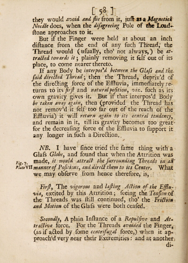 they would avoid and file from it, juff as a Magnetick Needle does, when the difagreeing Pole of the Load*- ftone approaches to it; But if the Finger were held at about an inch diftance from the end of any fuch Thread,* the Thread would (ufualty, tho’ not always,) be at¬ tracted twards it; plainly removing it felf out of its place, to come nearer thereto. If any Body be interpos'd between the Glafs and the, fetid directed Thread; then the Thread, depriv’d of the directing force of the Effluvia, immediately re¬ turns to its fir ft and naturalpofition, viz,, fuch as its own gravity, gives it. But ir that interpos’d Body be taken away again, then (provided the Thread has not remov’d it felf‘ too far out of the reach of the Effluvia) it will return again to its central tendency, and remain in it, till its gravity becomes too great for the decreafing force of the Effluvia to fupport it any longer in fuch a Direction. , NB. I have fince tried the fame thing with a < Glafs Globe, and found that when the Attrition was tig.j. made, it would attract the furrounding Threads in ait' fiateVII manner of Pofitions, and direCt them to its Center. What we may obferve from hence therefore,: is, Fir ft, The vigorous and lafting Action of the Efflu- - via, excited by this Attrition; feeing the Tenfton of the Threads was ltill continued, tho’ the Friction , and Motion of the Glafs were both ceafed. Secondly, A plain Inflance of a Repulfive and At¬ tractive force. For the Threads avoided the Finger, (as if afted by fome centrifugal force,) when it ap¬ proach’d very near their Extremities: and at another, di-