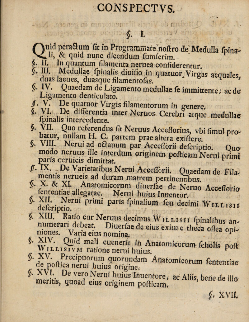 CONSPECTVS. £ t i ~ Quid perattum fit in Programmate noftro de'Medulla fpina- kli, & quid nunc dicendum fumferim. 1 §♦ II. In quantum filamenta neruea confiderentur. $♦ J1- Medullae fpinalis diuifio in qua tuor Virgas aeauales duas laeues, duasque filamentoias. ** } IV. Quaedam de Ligamento medullae fe immittente; ac de Ligamento denticulato. •f* V/ De qua tuor yirgis filamentorum in genere. VL De differentia inter Neruos Cerebri atque medullae' fpinalis intercedente. §. VII. Quo referendus fit Neruus Accetforius, vbi fimul pro “tDr> nullam H. C. partem prae altera exiftere. Vili. Nerui ad oftauum par Aeeefforii deferiptio. Quo modo neruus ille interdum originem pofticam Nerui primi paris ceruicis dimittat. F. jT. IX. -De Varietatibus Nerui Aeeefforii, Quaedam de Fila- mentis nerueis ad duram matrem pertinentibus. X. & XI. Anatomicorum diuerfae de Neruo Acceffori» (ententiae allegatae. Nerui huius Inuentor, §' defcVipdo.rUi Pn'mi ^ fpinalium fm decimi WilLiSi* §, XIII. Katio cur Neruus decimus Willlsn fpinalibus an¬ numerari debeat. Diuerfae de eius exitu e theca ofiea op mones. Vana eius nomina, . p ™L„Tn“™fh^na'0mfe0rUmfclKfiS P°ft S' A«™i=orun, tento ^eritis ^iuS Ieue.tore> ac Aliis, bene de illo meritis, quoad eius originem pofticaim £ XVIt