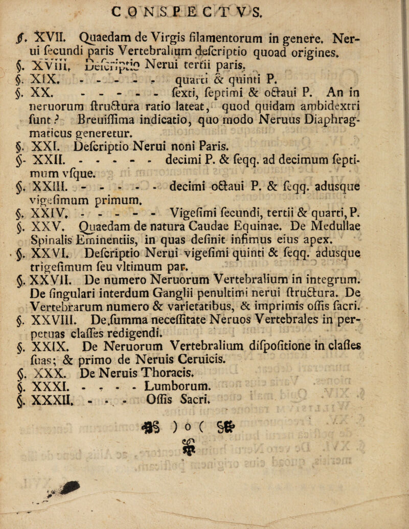 /. XVII. Quaedam de Virgis filamentorum in genere. Ner- ui fecundi paris Vertebralium defcriptio quoad origines. §. XViii. Defcriptio Nerui tertii paris. §. XIX. . - - . . quarti & quinti P. §. XX. - - fexti, feprimi & oftaui P. An in neruorum ftruftura ratio lateat, quod quidam ambidextri funt ? Breuiffima indicatio, quo modo Neruus Diaphrag¬ maticus generetur. §. XXL Defcriptio Nerui noni Paris. $- XXII. ----- decimi P. & feqq. ad decimum fepti- mum vfque. §. XXIII. ----- decimi o£taui P. & feqq. adusque vigefimum primum. §. XXIV, ----- Vigefimi fecundi, tertii & quarti,P. §. XXV. Quaedam de natura Caudae Equinae. De Medullae Spinalis Eminentiis, in quas definit infimus eius apex. • §. XXVI. Defcriptio Nerui vigefimi quinti & feqq. adusque trigefimum feu vltiraum par. §. XXVII. De numero Neruorum Vertebralium in integrum. De fingulari interdum Ganglii penultimi nerui ftruftura. De Vertebrarum numero & varietatibus, & imprimis offis facri. §. XXVIII. De.fumma neceffitate Neruos Vertebrales in per¬ petuas clades redigendi. §. XXIX. De Neruorum Vertebralium difpofitione in clafies fuas; & primo de Neruis Ceruicis. $. XXX. De Neruis Thoracis. §. XXXI. — t — - Lumborum. §. XXXII. Offis Sacri. 4B ) o ( §6» cvr> rp.