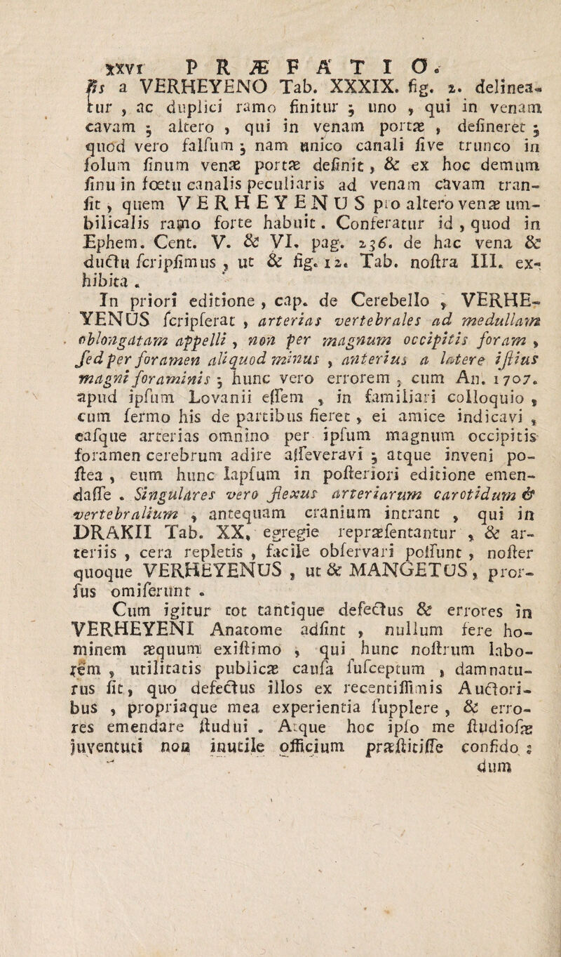 fis a VERHEYENO Tab. XXXIX. fig. i. delinea- rur , ac duplici ramo finitur -9 uno , qui in venam cavam - altero , qui in venam portas , defineret $ quod vero falfum , nam unico canali five trunco in folum finum venae portae definit, & ex hoc demum finu in foetu canalis peculiaris ad venam cavam tran- fit, quem VERHEYENUS pio altero venas um¬ bilicalis ramo forte habuit. Conferatur id , quod in Ephem. Cent. V. & VI. pag. 236. de hac vena & dudlu fcripfimus , ut & fig. 12, Tab. noftra III. ex¬ hibita . In priori editione , cap. de Cerebello * VERHE¬ YENUS fcripferat , arterias vertebrales ad medullaytz oblongatam appelli , non per magnum occipitis foram » Jed per foramen aliquod minus , anterius a latere ijlius magni foraminis , hunc vero errorem . cum An, 1707. apud ipfum Lovanii efifem , in familiari colloquio , cum fermo his de partibus fieret > ei amice indicavi , eafque arterias omnino per ipfum magnum occipitis foramen cerebrum adire aifeveravi 9 atque inveni po- flea , eum hunc lapfum in pofteriori editione emen- dafie . Singulares vero flexus arteriarum carotidum & vertebralium , antequam cranium inerant , qui in DRAKII Tab. XX, egregie repraefentantur > & ar¬ teriis , cera repletis , facile obfervari polfunt , nofier quoque VERBEYENUS , ut & MANGETUS, pror- fus omifenmt . Cum igitur tot tantique defeclus & errores in VERHEYENI Anacome adfint , nullum fere ho¬ minem asquum exiftimo , qui hunc noftrum labo¬ rem , utilitatis publicae caufa fufeeptum , damnatu¬ rus fit, quo defecfus illos ex recentiffi nis Ausiori¬ bus , propriaque mea experientia iupplere , & erro¬ res emendare fiudtii . A.que hoc ipfo me fiudiofns juventuti non inutile officium prafiitifie confido s dum