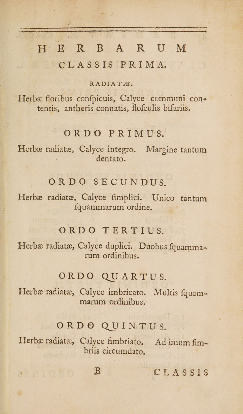 EO S ba RUM CTLASSISIPRIM X. RADIATÁZE. Herbe floribus confpicuis, Calyce communi cons tentis, antheris connatis, flofculis bifariis. ORDO PRIMUS. Herbe n Calyce integro. Margine tantum dentato. ORKDO SECUNDUS. Herbe radiatz, Calyce fimplici. ^ Unico tantum Íquammarum ordine. ORDO TERTIUS, Herbe radiatg, Calyce duplici. Duobus fquamma- rum ordinibus. ORDO QUARTU S. Herbe radiate, Calyce imbricato. Multis fquam- marum ordinibus. ORDO QUINTU S. Herbz radiate, Calyce fimbriato. | Ad imum fim- briis circumdato.