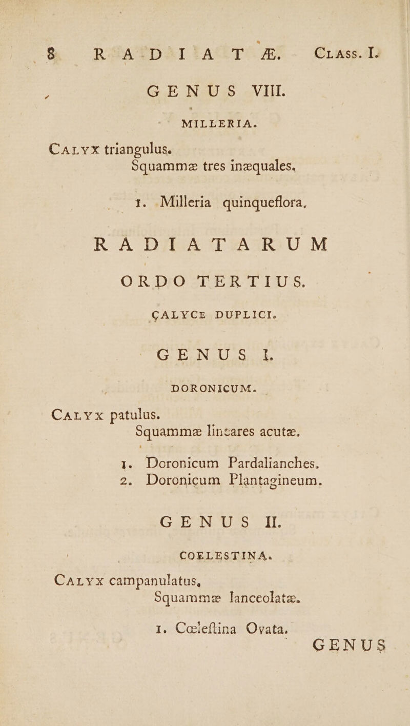 à, RSATYDAIIACT-^ P GENUS VIII. MILLERIA. CaArLvx triangulus. Squammxz tres inzquales, :. Milleria quinqueflora, CrLaAss. I. OR,DiOZELRR TIU:S. CALYCE DUPLICI. Gi ELINLU ous ule DORONICUM. CaArvx patulus. Squammma lincares acutz. GOBUNCUSS II COELESTINA. CArLvx campanulatus, Squammz lanceolata. I. Caleflina Ovata.