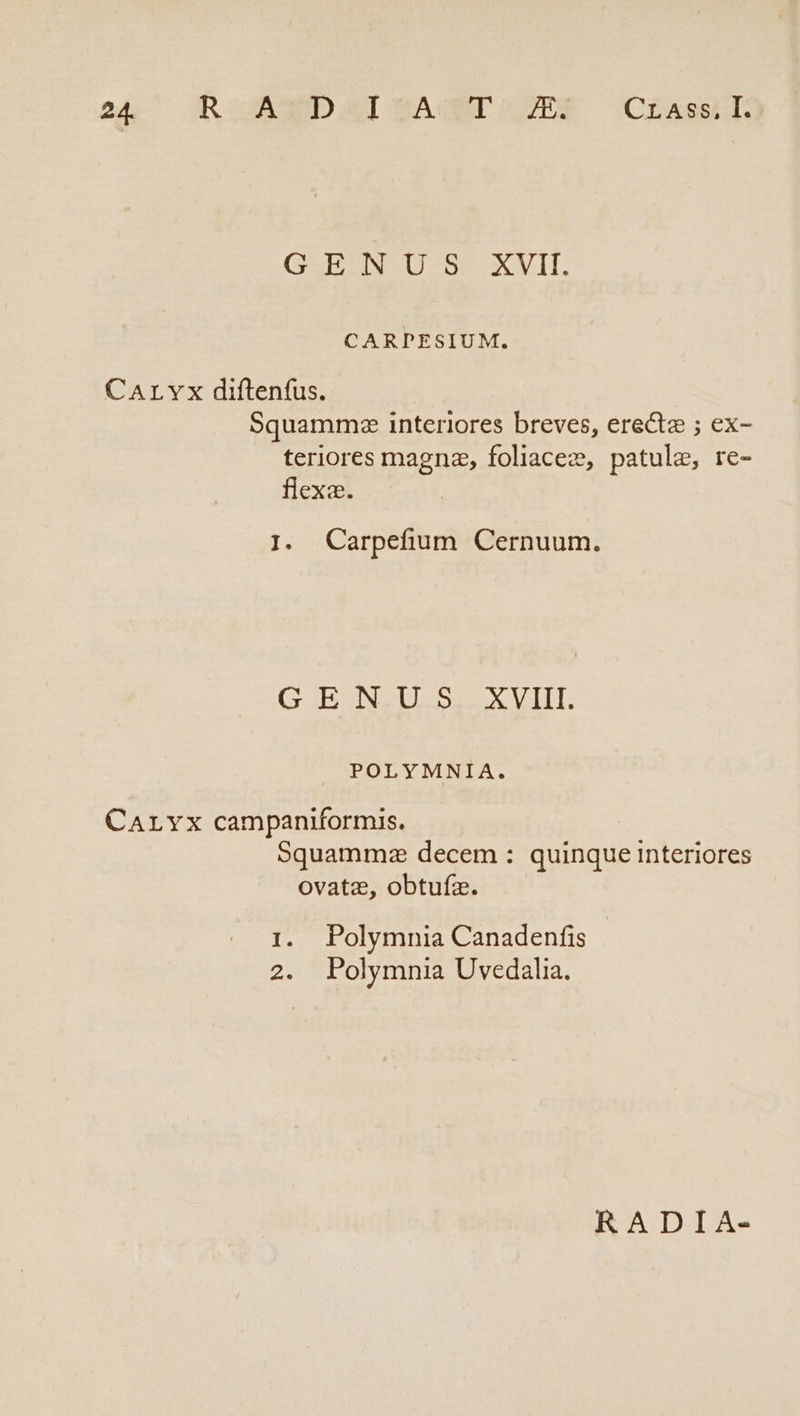 GXEEINS USE XVII. CARDPESIUM. CArLYx diftenfus. Squammz interiores breves, erectae ; ex- teriores magna, foliacez, patule, re- flexa. r Carpefium Cernuum. eX CON P USES té d d POLYMNIA. CArLvx campaniformis. Squammz decem : quinque interiores ovatz, obtufz. 1. Polymnia Canadenfis 2. Polymnia Uvedalia. RADIA-