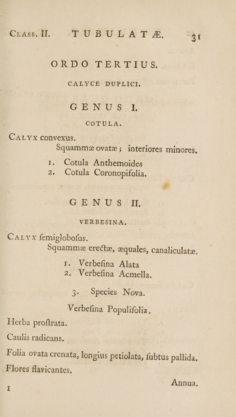 CrAss. II.: TU BU IA Tr. E-L ORDO.TERTIUS.. CALYCE: DUPEICI. G EN ÀOS.L COTULA. CALYx convexus. Squammza ovatz; inferiores minores, I. Cotula Anthemoides 2. Cotula Coronopifolia. G E.N.U S: Ik, VERBESINA. Carvx femiglobofus. 5quammxe erectz, zquales, canaliculatz, I. Verbefíina Alata D Verbefina Acmella. 3. Species Nova. Verbefina Populifolia, Herba proftrata. Caulis radicans. Folia ovata crenata, longius petiolata, fubtus pallida, Flores flavicantes, Annua,