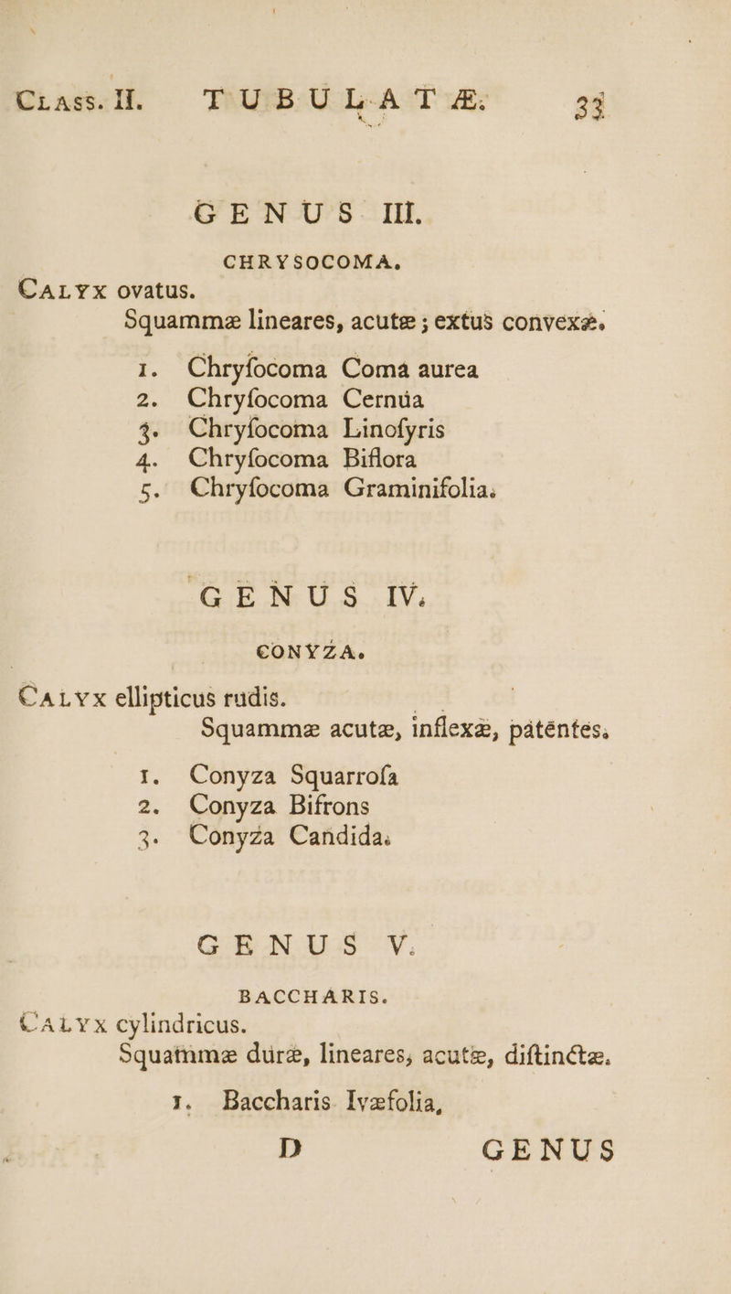 Cias.Ill — TUBULA TA: — 3j GENUS Ilt. CHRYSOCOMA, CALYX ovatus. Squammza lineares, acute ; extus convexse. Chryfocoma Coma aurea Chryíocoma Cernüa Chryfocoma Linofyris Chryfocoma Biflora Chryfocoma Graminifolia. whoOSr GENUS IV, | CONYZA. CALvx ellipticus rudis. e Squammz acutz, inflexa, patentes, Er. Conyza Squarrofa 2. Conyza Bifrons 3. Conyza Candida. GENUS V BACCHARIS. CALYXx cylindricus. Squatnma dure, lineares; acuti, diftinctz, 1. Baccharis. Ivzfolia,