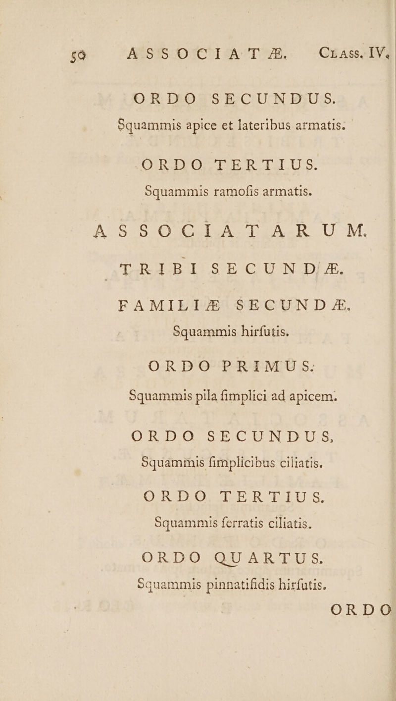[i- A/S'SOTIA TR. GhAs.IVi ORDO SECUNDUS. Squammis apice et lateribus armatis. ODDO ISER II.US. 5quammis ramofis armatis. AOS-SIORCOIVALC DEAD. UL SM. A TABLES E (CiU OS DIE. FAMILIAE SECUN D X. Squammis hirfutis. ORDO PRIMUS. Squammis pila fimplici ad apicem. ORODO SECUNDUS, Squammis fimplicibus ciliatis. (CUR DEOCSDERUNEU:S. Squammis ferratis ciliatis. OR.DOS OQ AR TU S. Squammis pinnatifidis hirfutis.
