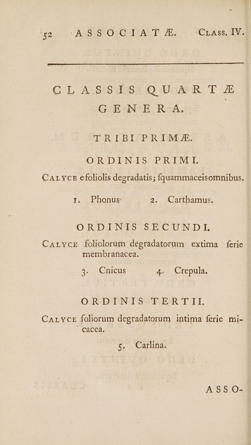 CLASSIS QUAE TJ GENERA. TRIBI PRIM FK. ORDINIS PRIMI. CaArLYcEt efoliolis degradatis; fquammaceisomnibus. I. Phonus 2. Carthamus. ORDINIS SECUNDI. CarvcEe folilorum degradatorum extima ferie membranacea. as Cnicus 4. Crepula. ORDINIS TERTII. CArLYcE foliorum degradatorum intima ferie mi- » Cacea. t. Carina. AS80-