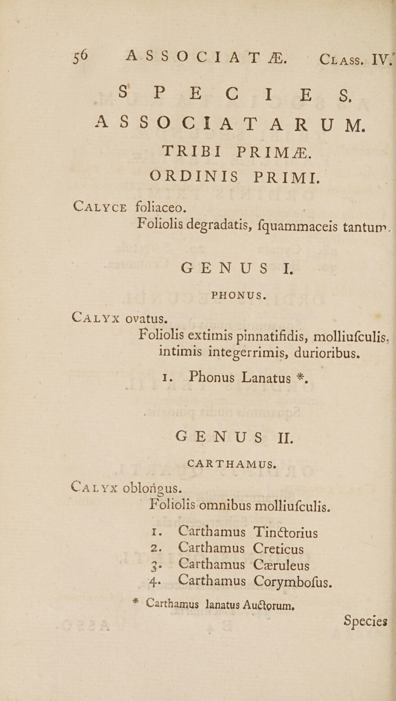 56^ dAXSESHOICODUANT JE- - GEas E xod. a QUOLOZEA 2 ASBDIOSEGGSUUDPA GB DM. TRIBI PRIME. ORDINIS PRIMI. CALYCE foliaceo. F'oliolis degradatis, fquammaceis tantum. CUEN JU SS] PHONUS. CALYX ovatus. Foliolis extitis pinnatifidis, molliufculis. intimis integerrimis, durioribus. I. Phonus Lanatus *. GOESINTU-55 II. CARTHAMUS. CALYx obloigus. Foliolis omnibus molliufculis. I. Carthamus Tinctorius 2. Carthamus Creticus 23. Carthamus Caruleus 4. Carthamus Corymbofus. * Carthamus lanatus Auctorum,