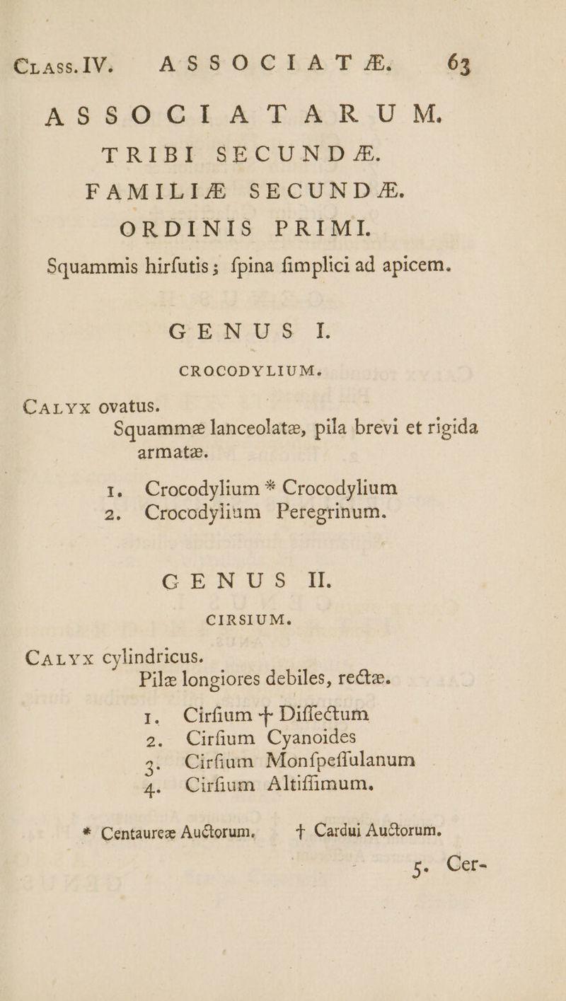 CrLAss.IV. ASSOCLELA iE, 65 ASS8.0O.G.IL.A T A.oR.UM. TRIBI SECUND £. FAMILIJZ SECUND.E. ORDINIS PRIMI. Squammis hirfutis; fpina fimplici ad apicem. GENUS I CROCODYLIUM. CALYX ovatus. Squamme lanceolate, pila brevi et rigida armata. 1. Crocodylium * Crocodylium 2. Crocodylium Peregrinum. GENUS i. CIRSIUM. Carvx cylindricus. Pilz longiores debiles, rectae. 1. Cirfium t Diflectum 2. Cirfium Cyanoides 4. Cirfium Monfpeflulanum 4. Cirfium Altifümum., * Centaurez Auctorum, T Cardui Auctorum. 5. Cer-