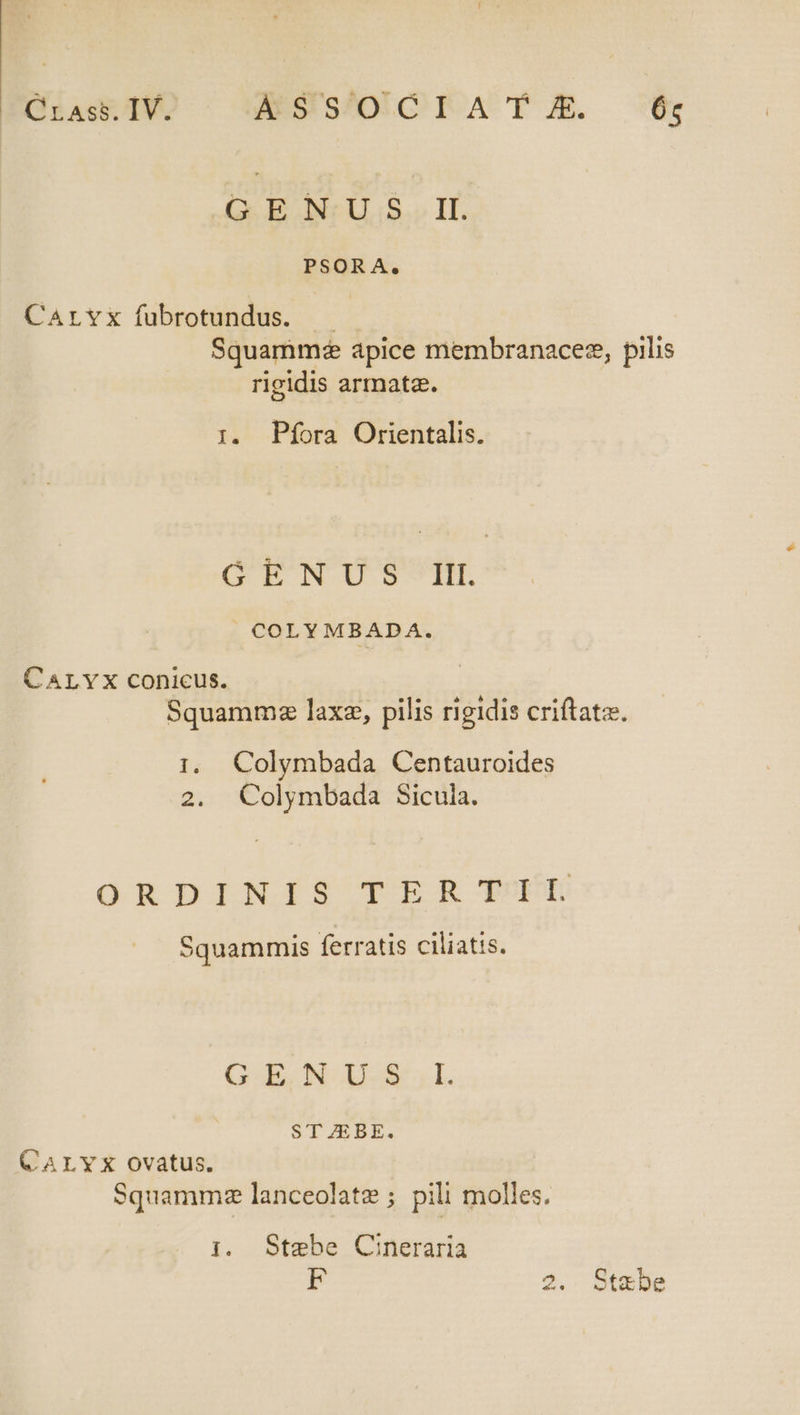 EULAGGqWO ^ WEE SADICO TATE GENUS IL PSORA. CaArvx fubrotundus. — Squamm:z apice membranaces, pilis rigidis armata. I. Pfíora Orientalis. GENU . S III. COLYMBADA. CALYX Conicus. Squammz laxe, pilis rigidis criftatz. 1. Colymbada Centauroides 2. Colymbada Sicuia. ORDINIS TER T^rT Squammis ferratis ciliatis. G E.N U.$ ,I. ST ZEBE. CALYX ovatus. Squamma lanceolate ; pili molles, ]. Stebe Cineraria