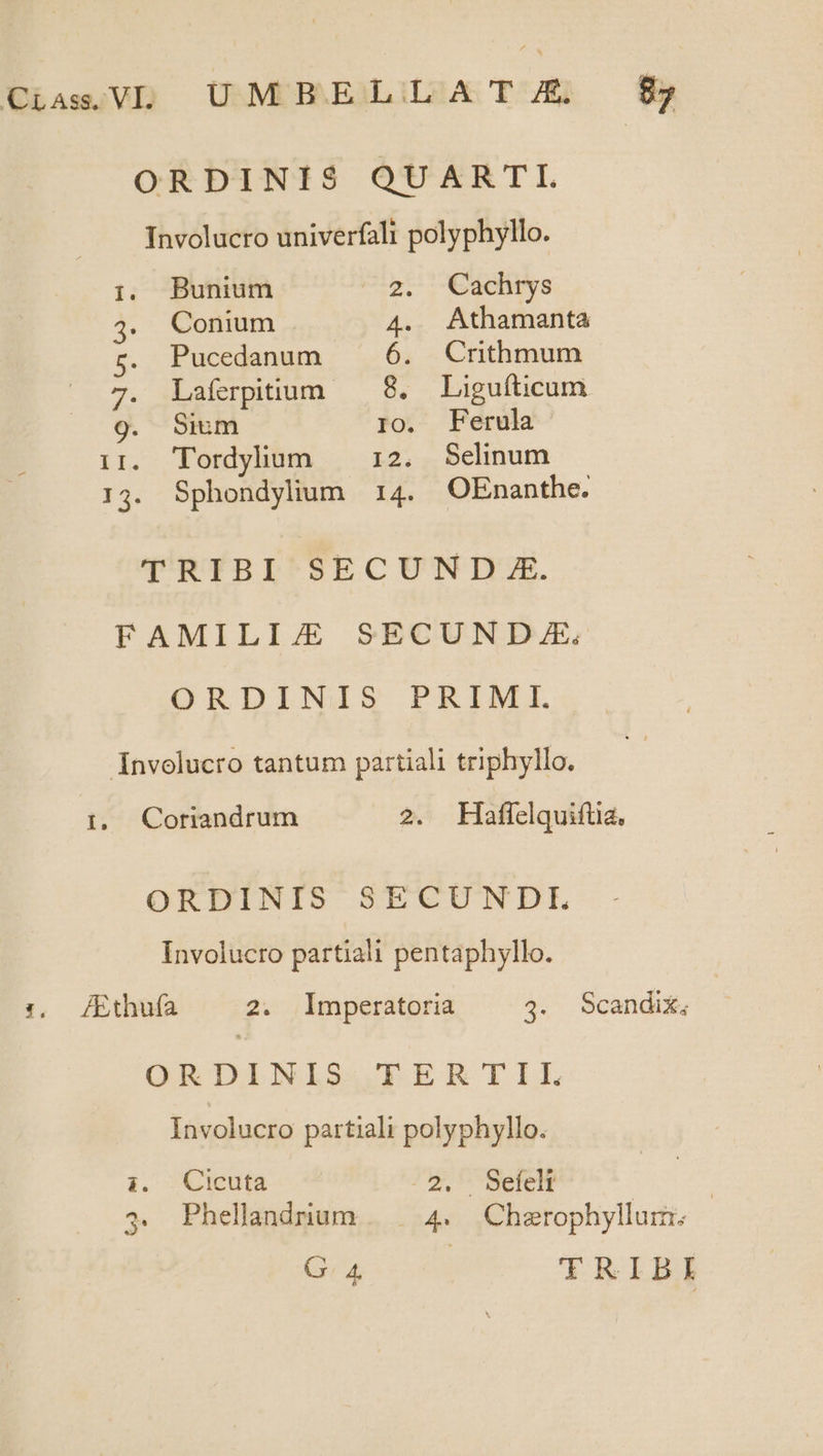 ORDINIS QUARTI. Involucro univerfali polyphyllo. i. Bunium 2. Cachrys 4. Conium 4. . Athamanta 5. Pucedanum 6. Crithmum 7. Laferpitium — 8. Liguíticum 9. Sium 10. Ferula i1. Tordylum I2. Selinum 13. Sphondylium 14. OEnanthe. TRIBI SECUND E. FAMILI/E SECUNDJE. ORDINIS PRIMI. Involucro tantum partiali triphyllo. i, Coriandrum 2. Haflelquifüa. ORDINIS SECUNDEL Involucro partiali pentaphyllo. :,. /Ethufa 2. lmperatoria 4. Scandix, ORDINLSAPERTIEL Involucro partiali polyphyllo. i. Qiu -.2, . Sefelt | 3. Phellandrium . | 4... Cherophyllum Geo 6 TRIBI