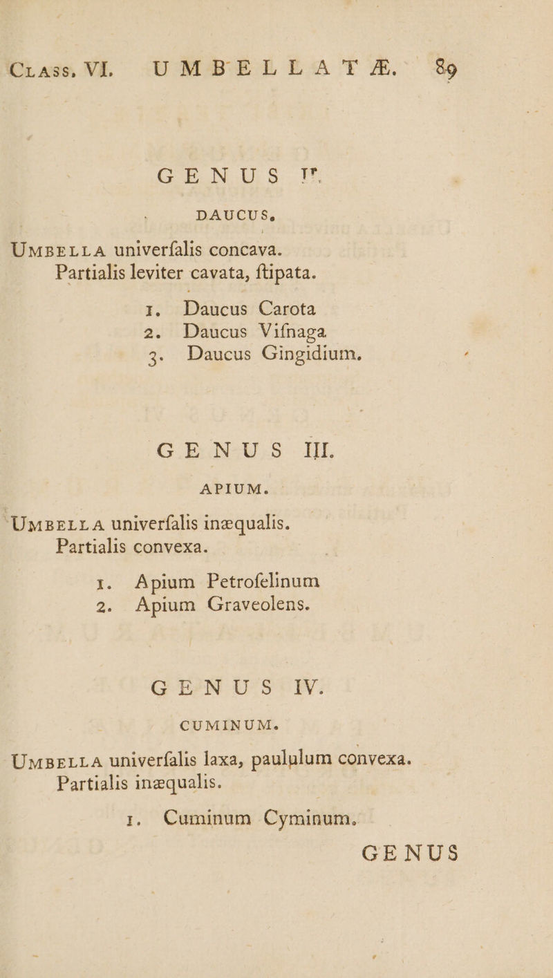 CEPR UN UU S I DAUCUS, UMBELLA univerfalis concava. Partialis leviter cavata, ftipata. I. Daucus Carota 2. Daucus Vifínaga x Daucus Gingidium, GENU S II. APIUM.:: UMBELLA univerfalis inzqualis. Partialis convexa. 1. Apium Petrofelinum 2. AÁpium Graveolens. G E/N U:S'* IY. CUMINUM. UMBELLA univerfalis laxa, paululum convexa. Partialis inzqualis. 1, Cuminum Cyminum,
