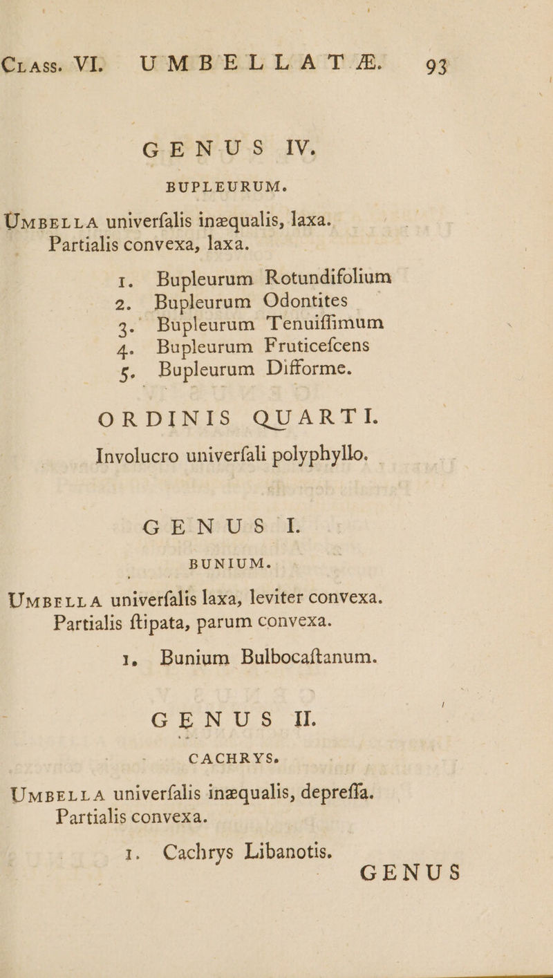 GENUS IV. BUPLEURUM. ÜnsErLA univerfalis inzqualis, laxa. Partialis convexa, laxa. Bupleurum Rotundifolium Bupleurum Odontites — . Bupleurum 'Tenuiffimum Bupleurum Fruticefcens Bupleurum Difforme. Lola Ens ORDINIS QUARTI. Involucro univerfali polyphyllo. - GJORUN Jae E BUNIUM. UMBrrLLA univerfalis laxa, leviter convexa. Partialis ftipata, parum convexa. 1, Bunium Bulbocaítanum. GENUS Il CACHRYS. UMBELLA univerfalis inzqualis, depreffa. Partialis convexa. 1. Cachrys Libanotis. | ENUS