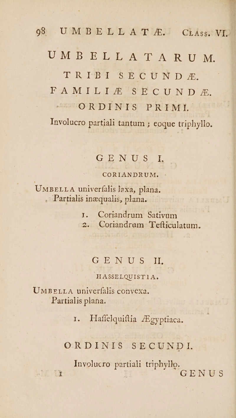 9g . UUMCBUEAL AUTMEU Gibbs UNDE DO OACTOA m OH TRIS3 $SE6BUHWD. FAMILIJE'$ECUN SD X. ORDINIS PRIML Involucro partiali tantum ; eoque triphyllo. CODD CORIANDRUM, - UMBELLA univerfalis l2xa, plana. . Partialis inzqualis, plana. I. Coriandrum Sativum 2. Coriandram Tefticulatum. (TOPONIDOSSSUIE | HASSELQUIST1A. UMBzLLA univerfalis convexa. Partialis plana. 1. Haflelqui(lia /Egyptiaca. ORDINIS SECUNDI. Involucro partiali triphyllo. Us iii GENES