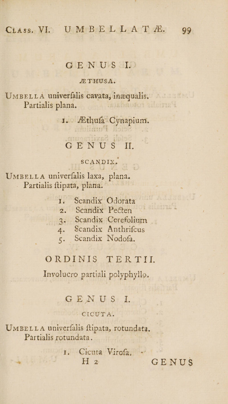 GEN. Uv$ 2 JE THUSA. UMBELLA univerfalis cavata, 1ngqualis. Partialis plana. 1... /Ethufa: Cynapium. GENUS IL SCANDIX, UMBELLA univerfalis laxa, plana. . Partialis ftipata, plana. Scandix Odorata Seandix Pecten Scandix Cerefolium Scandix Anthrifcus Scandix lNodofa. ps uu. i ORDINIS LERII Involucro partiali polyphyllo. IPOONEDONON - CICUTA. UMBzLLA univerfalis ftipata, rotundata. Partialis rotundata. ;. Cicuta Virofa, | i1 dn H z GENUS