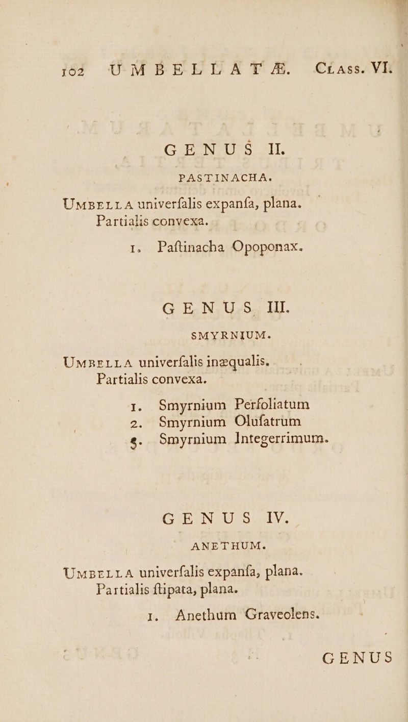 i52 (-MEBELLESM TT A. Cííass.VEh GN TIS E. PASTINACHA. UMSBELLA univerfalis expanía, plana. Partialis convexa. I, Paftinacha Opoponax. G E,N.U.S.. MI. SMYRNIUM. UMzzELLA univeríalis ingqualis. Partialis convexa. 1. Smyrnium Perfoliatum 2. Smyrnium Olufatrum e. Smyrnium Integerrimum. GENUS IV. ANETHUM. | UnxsrLLA univerfalis expanfa, plana. Partialis ftipata, plana. I. Anethum Graveolens.