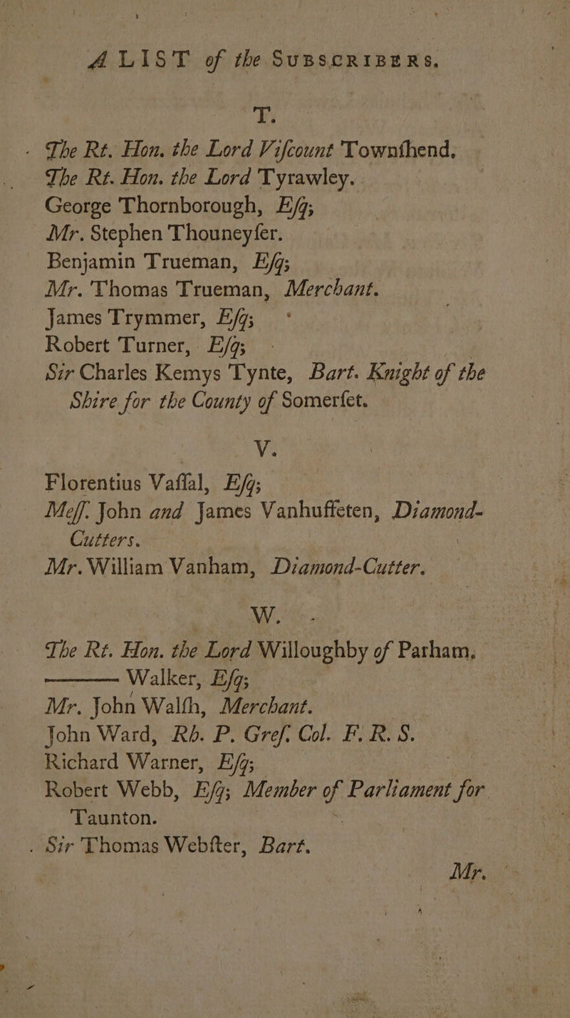 ey - The Rt. Hon, the Lord Vifcount Townthend, The Rt. Hon. the Lord Tyrawley. George Thornborough, Ef; Mr. Stephen Thouneyfer. Benjamin Trueman, E/q; Mr. Thomas Trueman, Merchant. James Trymmer, Eqs Robert Turner, E/g; - Sir Charles Kemys Tynte, Bart. Knight of the Shire for the County of Somertet. Ve Florentius Vafial, E/q; Meff. John and James Vanhuffeten, Diamond- Cutters. Mr. William Vanham, Dzamond-Cutter. W. The Rt. Hon. the Lord Willoughby of Parham, — Walker, E/g; | Mr. John Walth, Merchant. John Ward, Rb. P. Gref: Col. F.R.S. Richard Warren Eq; Robert Webb, E/g; Member of Parliament a, ‘Taunton. . Sir Thomas Webfter, Barf. oe