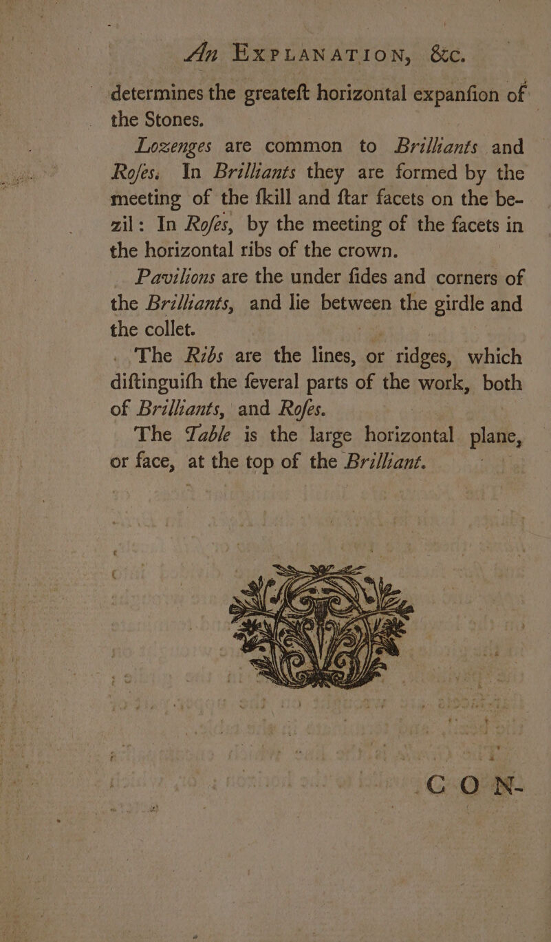 An Expuan ATION, &c. determines the greateft horizontal expanfion of the Stones. | Lozenges are common to SBrilhants and Rofes; In Brilliants they are formed by the meeting of the {kill and ftar facets on the be- zil: In Rofes, by the meeting of the facets 1 in the horizontal ribs of the crown. Pavilions are the under fides and corners of the Brilkants, and lie between the girdle and the collet. The Rids are the lines, or : Gibee which diftinguith the feveral parts of the work, both of Brilhants, and Rofes. The Table is the large badcaner plait, or Cea at the top of the Bee.