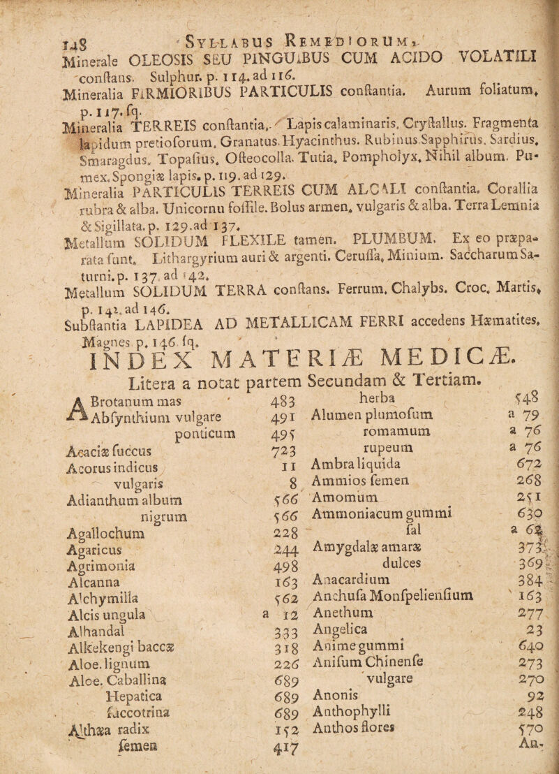 i4g Syllabus Remediorum,. Minerale OLEOSIS SEU PINGUiBUS CUM ACIDO VOLATILI 'conflans Sulphur, p. 114. ad 116. Mineralia FiRMIORlBUS PARTICULIS conflantia. Aurum foliatum, p. 117. fq.  . , . Mineralia TERREIS conflantia,.' Lapis calami naris. CryftaUus. Fragmenta “ k ,idum pretioforum. Granatus.Hyacinthus. Rubinus Sapphiris. Sardius. Smaragdus, Topafius. Ofteocolla. Tuda. Pompholyx. Nihil album. Pu- mex.Spongiae lapis, p. 119. ad 129. * Mineralia PARTICULIS TERREIS CUM ALC\Ll conflantia. Corallia rubra & alba. Unicornu foffile. Bolus armen. vulgaris & alba. Terra Lemnia & Sigillata, p. 129.ad 137, Metallum SOLIDUM FLEXILE tamen. PLUMBUM. Ex eo praepa¬ rata funt» Litharayrium auri & argenti. CerufTa, Minium. SaccharumSa- turni.p. 137 ad 142. Metallum SOLIDUM TERRA conflans. Ferrum. Chalybs. Croc. Martis, p. lii.ad h<5. r Subftantia LAPIDEA AD METALLICAM FERRI accedens Hsmatites. •Magnes, p* 146. fq* 5 ^ ^ INDEX' MATERIA MEDICA. Utera, a notat partem Secundam & Tertiam, ABrotanum mas Abfynthium vulgare panticum Aeaeis fuccus Acotus indiciis vulgaris Adianthum album nigrum Agallochum Agaricus Agrimonia Aicanna AI chy milia Alcis ungula a Alhandal Alkekengi baccs Aloe, lignum Aloe. Caballina Hepatica - fuccotrina Aith*a radix femen 483 herba 448 491 Alumen plumofum a 79 49 i romamura a 7 6 723 rupeum a 7 6 11 Ambra liquida 672 8 Ammios femen 26$ s 66 Amomum 241 5 66 Ammoniacum gummi 630 228 fal a 6% 244 Amygdala amaras 37 498 dulces 3^9% 163 Anacardium 384 'X S62 Anchufa Monfpelieiifium x 163 12 Anethum 277 333 Angelica 23 3i8 AnimC gummi £40 226 Anifum Chinenfe 273 689 vulgare 270 6%9 Anonis 92 68 9 Anthophylli 248 142 417 Anthos flores 570 An-