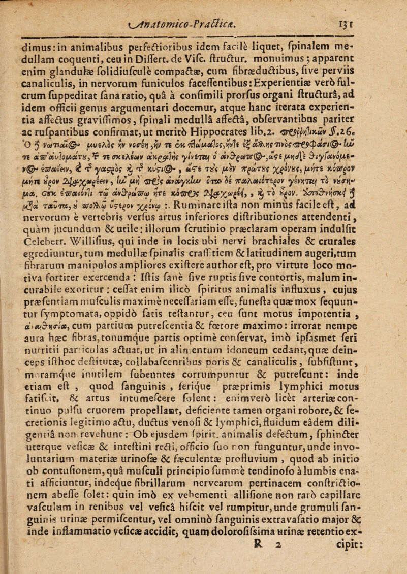 K^rtnatomko-Fra£Uc&* A 13 l dimusrin animalibus perferioribus idem facile liquet, fpinalem me¬ dullam coquenti, ceu in Differt. de Vifc. ftrudur, monuimus; apparent enim glandutee folidiufcule conipadae, cum fibrasdudibus, five perviis canaliculis, in nervorum funiculos faceffentibus: Experientiae ver6 ful¬ crum fuppeditat fana ratio, qua a confimili prorfus organi ftrudurS, ad , idem officii genus argumentari docemur, atque hanc iterata experien¬ tia affedus graviflimos, fpinali medulla affedl, obfervantibus pariter ac rufpantibus confirmat,ut meritb Hippocrates lib,2. 'O 3 Vwtiola®* |UV£Asf Yj* vorty tfv rt ck ^uiualog^nli iPaiAyg 7tvlg>arf^Cp<x<n®^ !w n dwclvhfAocTx,*? urna hiuv acxgpjijf yUvrcq 0 B,i,yf<xvof*t- $xv\n TxZnMys -moTku) vftgov ygl\vca Ruminare ifta non minus facileeft, ad nervorum e vertebris verfus artus inferiores diftrlbutiones attendenti, quam jucundam & utile: illorum fcrutinio praeclaram operam indulfit Cdeberr. Willifius, qui inde in locis ubi nervi brachiales Sc crurales egrediuntur, tum medullae fpinalis crafftiem & latitudinem augeri,tum fibrarum manipulos ampliores exiftereauthoreft,pro virtute loco mo¬ ti va fortiter exercenda : Iftis fane five ruptis fi ve contortis, malum in¬ curabile exoritur : ceffat enim ilico fp i ritus animalis influxus , cujus praefentiam mufculis maxime neceffariam effe, funefta quae mox fequun- tur fymptomata,oppido fatis reflantur, ceu funt motus impotentia , dwB-niri*, cum partium putrefcentia & fcetore maximo: irrorat nempe aura haec fibras,tonumque partis optime confervat, imb ipfasmet feri nutritii paniculas aduat, ut in alimentum idoneum cedant,quae dein¬ ceps ifxhoc deftitutae, collabafcenribes poris & canaliculis , fubfiftunt, moramque inutilem fiubedntes corrumpuntur & putrefiunt: inde etiam eft , quod (anguinis , ferique praeprimis lymphici motus fatifi.it, & artus intumefcere fiolent: enlmverb licet arteriae con¬ tinuo pulfii cruorem propellant, deficiente tamen organi robore, & fe- cretionis legitimo adu, dudus venofi & lymphici,fluidum eadem dili¬ genti^ non revehunt: Obejusdem fpirit, animalis defedum, fphinder uterque veficae &: inteftini. redi, officio fuo non funguntur,unde invo¬ luntarium materiae urinofe & faeculentae profluvium , quod ab initio ob contufionem,qu& mufculi principio fumme tendinofo a lumbis ena¬ ti afficiuntur, indeque fibrillarum nervearum pertinacem conftridio- nem abeffe folet: quin imb ex vehementi allifione non raro capillare vafcuium in renibus vel vefica hifcit vel rumpitur,unde grumuli fan- guiois urinae permifcentur, vel omnino fanguinis extravafatio major & inde inflammatio veficae accidit, quam dolorofifsima urinae retentio ex- R 2 cipit: 4®W«k, c t yx^og £ nvgn@* , *i<re /xsy irgconsg ju^fg KQZtfgoV %()qv 2$g’X0,>$*€1¥ > l*# GJfjg xvdy\duj otacu £1 7FxA»iot^qv yevjjTKf tc vvryi* cbc iUrcHQvll T» Mfyunfv VjTt K0HTO? > A Tfl SaOV, J c