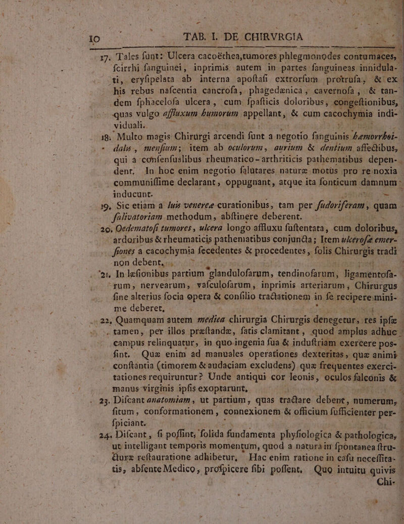- D uo E TAB. I. DE CHIRVRGIA i Tu TU dureh ab interna apoftafi extrorfum. protrufa, & ex ' his rebus nafcentia cancrofa, phagedenica ; cavernofa , & tan- dem fphacelofa ulcera , cum fpafticis doloribus, con 'eftionibus,. 1 quas vulgo affuxum Buiorum iM odia & cum cacoch ie indi- viduali.. 1$. Multo magis Chirurgi ioned doge a negotio. fanguinis Juemorrboi- * dalhs, menufum; item ab oculorum , aurium & dentium. affectibus, qui a confenfuslibus rheumatico- arthriticis pathematibus depen-. dent. In hoc enim negotio falutares nature motüs pro re noxia | communiffime declarant, oppugnant, atque ita fonticum damnum- inducunt. usc 19, Sic etiam a /wi vererez-curationibus, tam per fidam, quam . fafivatortam. methodum, abítinere deberent. | E 20. Qedemato[i tumores , ulcera longo affluxu füftentata, cum. doloribus, ardoribus & rheumaticis pathematibus conjunda; ltem ulcerofa ener- - frontes a cacochymia fecedentes & pipredentesg folis Chirorgis tradi nondebent,.. |. * d 21 In lefionibus partium glandulofarum, tendinofarum, ligamentofa- -rum, nervearum, vafculofarum ,. inprimis arteriarum , Chirurgus fine alterius focia opera & confilio tra&iationem i in fe recipere: mini- . me deberet, j i grid 2, Quamquam autem zediea chirurgia Chirurgis densgemuri res ipfe | . tamen, per illos praftandz, fatis clamitant, quod amplus adhuc - campus relinquatur; in quo. ingenia fua & induftriam exercere pos- j fiot. Quz enim ad manvales operationes dexteritas , quz anims | conftántia (timorem & audaciam excludens) quz frequentes exerci- j tationes requiruntur ? Unde antiqui cor leonis, oculos fülcoriis & . - manus virginis ipfi s exoptarunt, E 25. Dicant anatomiam , ut partium , quas tradtare. debent, numerum, . fitum, conformationem , connexionem & officium fuffcienter per- fpiciant. 24. Difcant, fi poffint, folida fundamenta phyfi rologica & DROPS CA : ut intelligant temporis momentum, quod a naturair fpontanea ftru- 2 &Gurz reftauratione adhibetur, Hac enim ratione in cafu neceffita- - tis, abfente Medico ,. profpicere fibi poffent, qa intuitu quivis - ; Chi- E EE N