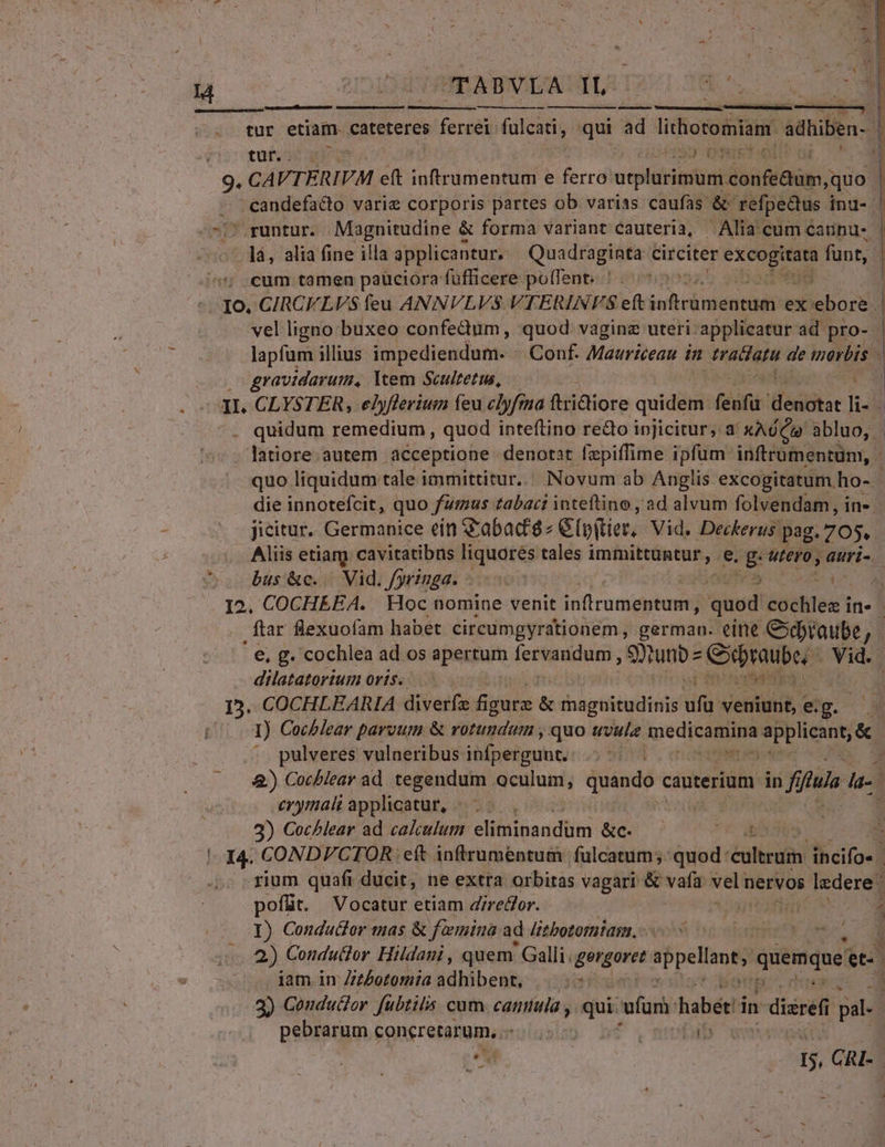 d Gd HER APO TEUS 15 —— Àà— ——————— X b tür. i ae V fo4y otrd s 9. CAVTERIVM eft falinidieode e ferro utplurimüm confe&amp;tüm,quo. 1 - ecandefa&amp;o varie corporis partes ob varias caufas &amp; refpectus inu- | ^^/7 runtur. up t &amp; forma variant cauteria, Alia cum cannu-. ] '. là, alia (ine illa applicantur, Quadraginta circiter ne funt, | | | | 3i tur etiam cateteres ferrei fulcati, qui ad lithotomiam. adhiben-- | *; cum tamen paüciora fufficere po(Tent. . 1o. CIRCVLVS feu ANNVLVS VTERINFS eft ihid das AN ex ebore. | vel ligno buxeo confectum, quod vaginz uteri applicatur ad pro- | lapfum illius impediendum. : Conf. Mauriceau in Xo de viri | , gravidarum, ltem Scultetus, | IL. CLYSTER, elyflerium feu clyfma fridtiore quidem dif éilbar li. | - quidum remedium , quod inteftino redo injicitur, a' xAdQm abluo, . latiore autem acceptione denotat fepiffime ipfum inftrumentüm, - quo liquidum tale immittitur... Novum ab Anglis excogitatum ho- j die innotefcit, quo fumus tabaci inteftino , ad alvum folvendam, in- jicitur. Germanice ein &amp;'abad'^ Glpitier. Vid. Deckerus pag. 705, - Aliis etia. cavitatibns liquores tales WA CNeYxs el E utero, ; auri-. bus&amp;c. | Vid. fyringa. - MEAM I2. COCHEEA. | Hoc nomine venit inftrumentum, quad cochlez in» .ftar flexuofam habet cireumgyrationem , german. eite. Cbraube, - €, g. cochlea ad os apertum fervandum ; unb Gips i Vid. dilatatorium oris. — ij D. COCHLEARIA diverfz figurz &amp; magnitudinis ufu veniunt, e. v. |o) Cochlear parvum &amp; rotundum , quo uvule Mpedicauue applicant, &amp; pulveres vulneribus infpergunt. : &amp;) Cocbiear ad. tegendum oculum, quando cauterium in fitula la. j erymalt applicatur, 2 3) Cochlear ad calculum eliminandüm Se tr Wes 3 !- 44. CONDFCTOR eit inftrumeéntum fulcatum;. quod: ultram E 4s rium quafi ducit, ne extra orbitas vagari &amp; vafa velt nervos ledere / pofüt. Vocatur etiam diredfor. | : E -—. X) Conduttor mas &amp; femina ad Jitbotormtam. - | |: -..2) Coudutdor Hildani , quem: Galli. gotgaret appelint; quemque iam in Z/t£otomia adhibet j8 s, E 3) Conductor. fubtilis cum. caruda , qui: cufüri: habet in disref i pal- pebrarum coneretarum, enn : | B GRI-