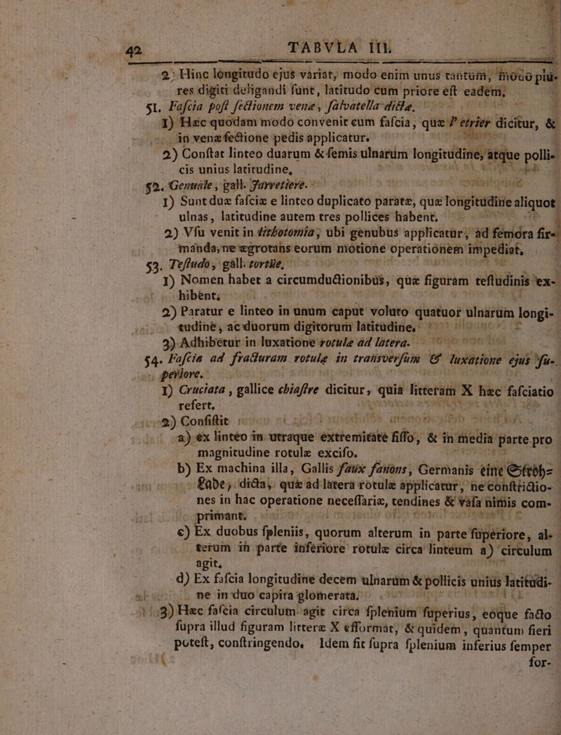 Lo TABVLA Ift. | I. s ER See ilii plsL P NNI et e on .2: Hinc lóugitudo ejus variat, iade: enim unus tantüm; lioto pu. res digiti deligandi fünt, latitudo cum priore eit cm. | $1. Fafcia pofl fedlionem vene , Jalvatella- dicia. P feti E I) Hac quodam modo convenit eum fafcia, que? e avs didtur, d - ,7,,nvenzfe&amp;ione pedis applicatur. 2) Conftat linteo duarum &amp; femis ulnarum ie polli - . €is unius latitudine, à 1 $2. Gentrale , gall. Javretiere. fet X I) Sunt duz fafcix e linteo rad parate, que Voie aliquot. ulnas, latitudine autem tres pollices habent, — 2) Vfu venit in Ziz£otomia, ubi genubus applicatur, ad févidra m mánda;ne egrotans eorum motione: operatiónem impediat, 1 53. Tefludo, gall. zortie, I) Nomen habet a Fiteunidodtioni pue quae figosam ceffadini ex- hibent; - 2) Paratur e linteo in unum caput voluto quatuor slnarüm longi | tudine, ac duorum digitorum látitudine, ^ ^ ^^ : : 3) Adhibetur in luxatione zorule ad latera-.— 7 0 700 0 5 Faftia ad fradiuram rotule in SreMTMENA e Tuxatione eui du. ; gpeyiore. I) Cruciata , gallice eliafre dicitur, quia literam E hec fofcatio. refert. sVgetmtoen n SSHERA IET i585) Confiftit [GT Wes 1n TÉ ipssomcudPb entad Gy. 2) ex lintéo in. utraque éittiential fido, &amp; in media: parte po magnitudine rotule excifo. l2 Ex machina illa, Gallis fax fagons, Germanis tint eftbbe i - 8abe; dida; qua ad latera rotulz applicatur, ne confttidio- - nes in hac operatione M une &amp; vafa vida com. - sgprimant, 00007 /D Ont CHORI T1 [ c) Ex duobus fpleniis, quorum inea in pirte füiliore, al terum ih parte inferiore rotule circa linteum (0 circulum : agit, d) Ex fafcia longituditre decem ulnarum &amp; pollicis uniüs lari. | sus me in'duo capita glomerata. | 118) Hec fafcia circulum. agit circa fplenium füperius, VN facto fupra illud figuram littere X efformat, &amp; quidem , quantum fieri - poteft, conftringendo, — ldem fit fupra fplenium inferius femper i( ... for-