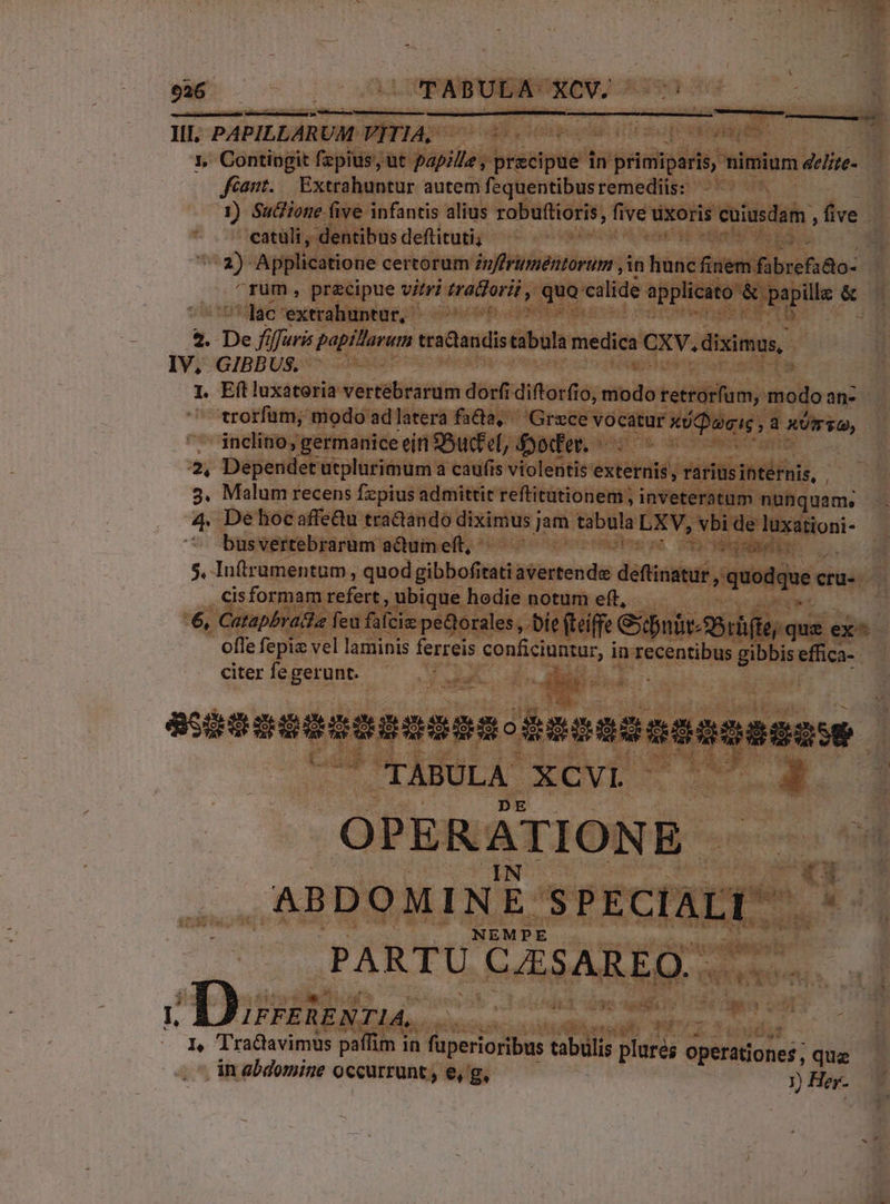 526 ] — TABULA XCV. cdit III, PAPILLAR UM VITIA, Mya 1, Contingit fepius, üt. papilla , precipue in primiparis, nimium &amp;e/ize- Jéant.. Extrahuntur autem fequentibusremediis: — 1) Suiione five infantis alius robuftioris, five uxoris eoiusdarn , five. catuli , dentibus deftituti; did 1 e Applicatione certorum it Bilind in pv finem ibi fa Ao: ^rüm, precipue vitz? Maora xe calide SBplrcito « v1 daba ac'extrahuntur, |-— 2. De fifi paptlarum ttáctandis tabula medica CXV, diinios, IV, GIBBUS. ! I. Eftluxatoeria vertebrarum dorf diftorfio, modo retrorfum, modo an- trorfuüm, modo adlatera fatta, ^ Grzce vocatur lectio cd 3 AUT, inclino, germanice eir Bucfel, &amp;yocfev. ^ | 2, Dependetutplurimum a caufis violentis externis , rarius internis, 3. Malum recens fzpius admittit reftitationem; inveteratum nunquam, 4. De hoc affe&amp;u tractando diximus j jam tabula LXV, vbi - : pl busvertebrarum actum eft, dili 5, In(tramentum , quod gibbofitati avertendee défiiqté quodque cru- - cisformam tefert; ubique hodie notum eft, | 6, Catapbrada feu Ap peorales , Die fteiffe Ginbt-Sftey« qua « ex^ offe fepiz vel laminis ferreis di CYx in qoot gibbis effica- citer fe gerunt. i —— —— | TC CIABULA €CGVl v C . | OPERATIONE. 3 ABDOMINE: SPECIALI. Nn NEMPE PARTU CASAREQ.. E Turdite; » : I, Tractavimus paffim in fuperioribus tabilis fe MON que in abdomine occurrunt , e, g, » Hey- d 1 4