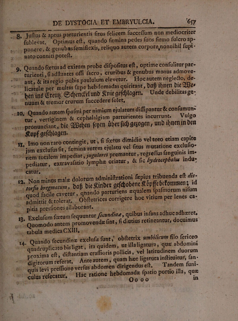 Lad DE DYSTOCIA. ET EMBRYULCIA, ép Qd ——— pamm: ^ C —À— - - « 78. Juílus &amp; aptus parturientis fitus felicem facceffum non mediocriter füblevat, Optimus eft, quando fzmina pedes fuos firmo fulcro ap- soy ponere, &amp; genubasfemiflexis, reliquo autem corpore,nonaihil fupi - matoconnitipoteft, |. . cic inter ida IE ^9, Quindo fetusad exitum probe difpofitus eft, optime confulitar par- | ^ turienti , fi adftantes offi facro, cruribus &amp; genubus manus admove- 79^! agg, &amp; itaregio pubis paululum elevetur. Hocautem negledo, de. 77 Rieatgle per. maltis fepe hebdomadas quiritant, baf ibnen bit Bs |. Memins Greg, Gydencietunb $niegeftlagen. ^ Unde debilitas ge- ^^ , nuum &amp; tremor crurum fuccederefolet, — qu OR .,30; Quando autem fpafmi per nimium ejulatum diffipantur &amp; confumun- tur, vertiginem &amp; cephalalgiam parturientes incurrunt. Vulgo .«:: pronunciant , Di. qoeben. (cyen ber fid gejogen, unb ibnen ín Det c Sopf acfblagen. | : La | US Imo non raro contingit, ut , fi foetus dimidio veltoto etiam capite oe jam exclufus fit , fzimina autem ejulatu vel fitus Tputátione exclufio- 155 gem totilem impediat ; juguares premantur , regre(fus fanguinis im» pediatur , extravafatio lymphz oriatur, &amp; fic Aydrocepbali indu» ..42, Non minus male dolorum adminiftrationi. fe pius tribuenda eft dis ...; Jorfio bregmatum , 0f bie &amp;inber gefbobene Stofie bcformmens id p ,quod facile cavetur, qnando parturiens qualem fpsfmorum nifum . admittir &amp; tolerat, - Obftetrices corrigere hoc vitium per lenes ca- i pidspresionesallaboran, ; —,. 0 0 13. Exclufum fetum fequuntur fcindine , quibus infans adhuc adhzret, atu Quomodo antem promoveridz fint; fi diutius retineantur, docuimus ez ., tabula medica CXIIL, . a. b^ ofa y: ip 2231 à x4. Quando fecundinz exclufe funt, obftetrix smbilictmn filo fericeo : quadruplicato bis ligat » ita quidem, ut illaligatura, que abdomini roxima eft, diftantiam craffioris pollicis, vel latitudinem duorum '. digitorum referat, Anteautem, quam hec ligatura inftituitur, fan- ^ quislevi preffione verfus abdomen dirigendus eft, Tandem funi- ^'^ eulusrefecatur, — Hac ratione liebdomada fpatio portio illa, que . apes dca ed Qooo in &amp;. 5s