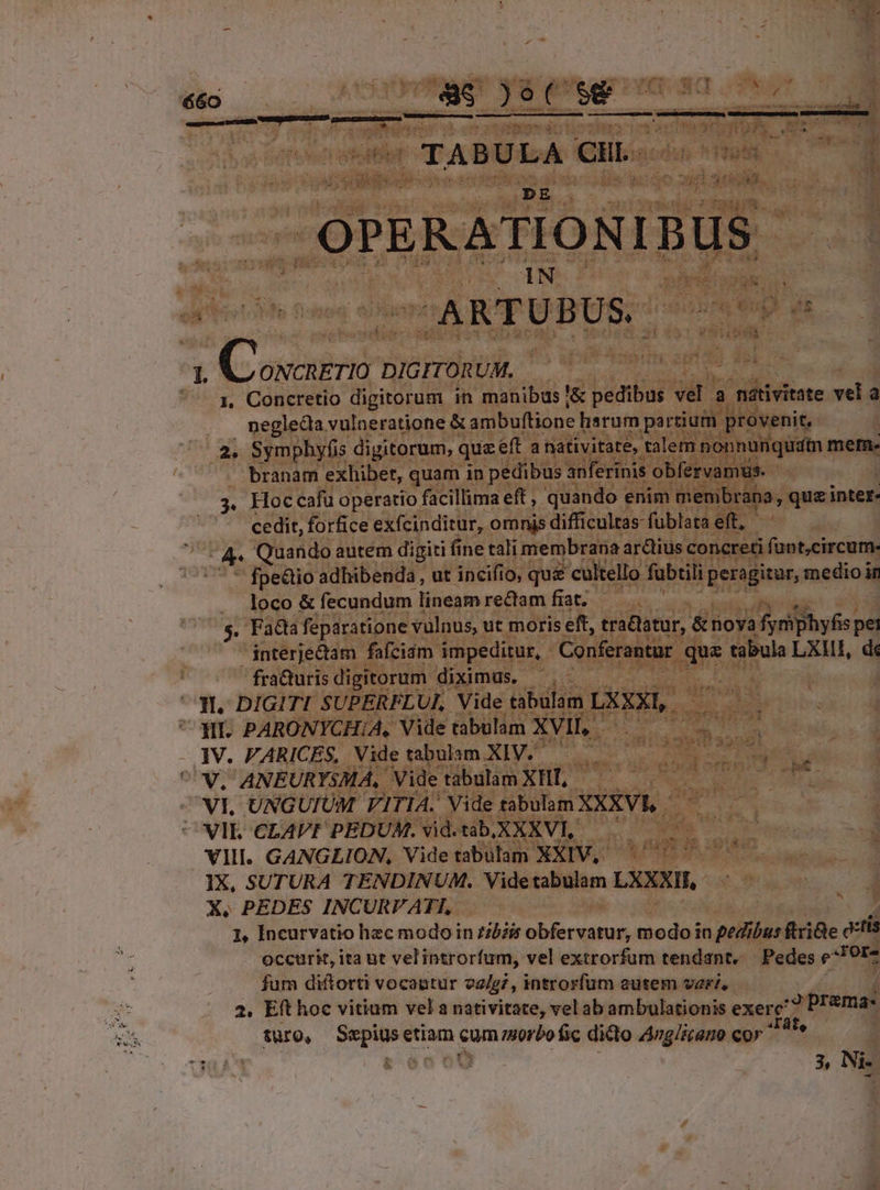 é60 NL. eios ic - dabimus LN NC I ; t TABU LA CHI. | OPERATION Bus ^;ANTUBUS Dra I. eie DIGITORUM, — - ^3, Concretio digitorum in manibus &amp; pedibus vir a nátivitate vel a neglecta vulneratione &amp; ambuftione liarum partium provenit, 2. Symphyfis digitorum, que eft a nativitate, talem nonnunquitn mer. | branam exhibet, quam in pedibus anferinis obfervamus. 3. Hoccafu operatio facillima eft, quando enim membrana, qua inter- cedit, forfice exfcinditur, omnis difficultas fublata eft, 4. Quando autem digiti fine tali membrana ar&amp;tius concreti fünt,circum- ^ Beaio adhibenda, ut incifio, quz cultello fubtili peragitur, medio in . loco &amp; fecundum lineam rectam fiat. s. Facta feparatione vulnus, ut moris eft, tratatur, &amp; noya fyriiphyfis pet interje&amp;am fafciam impeditur, Conferantur quz tabula LXIII, de fraQurisdigitorum diximus. — . j 3L DIGITI SUPERFLUL Vide tabulam LXXXI, |  WI. PARONYCHIA, Vide tabulam XVII. : . IV. FARICES, Vide tabulam QUT TL LET inédit, i ANEURYSMA,. Vide tabulam XHI, ML Ls NI UNGUIUM VITIA. Vide tabulam XXXVI - | *NIE CLAVE PEDUM. vid. tab, XXXVI, 2 de VIII. GANGLION, Videtabülam XXIV, ^ — IX, SUTURA TENDINUM. Videtabulam LXXXII, X, PEDES INCURF ATI, 1, Incurvatio hec modo in 7752/5 obfervatur, modo in peZibus ftriGe etis occurit, ita ut velintrorfum, vel extrorfum tendant, — Pedes eor. fum diftorti vocantur v2/g7, introrfüm eutem ver, 2. Eft hoc vitium vel a nativitate, vel ab ambulationis exerc? Dima» turo, Sxpiusetiam cumzorbofic dicto Anglireno cor he reco0D 3, Ni-