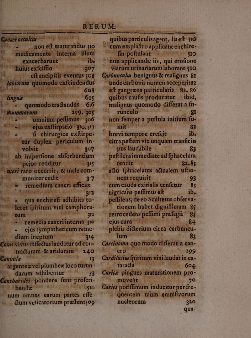 em che up Hs mon ESO Co doe Ken tie —ÓÁÓÁÍÓ——À— —: nosp séastans uc non et wengslus 3o 3 medicamenta interna illum exacerbarunt ^ ^ ^ ib huiusexfciflo ^ ^^ ^ 307 ^ i3 eft ancipitis eventus 308 ^ dàbia OUI pope exfcindendus p! AUT ri nipum e -615 $e. preso pair 6:6 MW | Bhammnarum. 299. 305 *  ^ omniüm peflimus 306 Un ejusexflirpatio 319. 317 ES i * — fi chirurgice exftirpe. Cod er'düplex periculum in- : velie t 307 $i ab infperfione abforbentium Vc t 4gejor redditur — :/ :515 MA *US ^ Umunitercedit t ds 37 - TUS cancri efficax ATTEN S pus i yg 312 - 4 qua exci adhibita to- ^7 eret fpiritum vini camphora- PE tum u-— 95 tU. remedia cancri interna 31o -. ejus fympatheticum reme- dium ineptum 314. Bis diffe&amp;us laudatur ad con- -- traduram &amp; ariduram 240 Gannule 13 -argentez vel plumbez foco turun - darum adhibentur 53 zbarides pondere funt profcri. * ' bende $10 mum omnes earum partes effe- &amp;um veficatorium praflentyog ,,quibus particulisagnt, liseft $10 cum er plaftro adsidue enchire- finpoflulant - ^ ^ - $1o non applicande i iis, qui erofione viarum urinariarum laborant 510 Garbunculu benignus &amp; malignus 8r - unde carbonis nomen acceperitg2 eft. gangrana patticularis - 82, 96 quibus caufis producatur — ibid, malignus quomodo differat. a fu- runculo ides iw m,  non femper a puftula i initium fu. VOUUVERRT T ' 82 brevi tempore erefcit ib. citra peftem vix unquam tranfit in pus laudabile 83 peftilensimmediate ad fphacelum ^ tendit 82.83 - adu fphacelatus aQualem uftio- AA mem requirit - 93 | cum cauda exitialis cerifetur $5 nigricans peffimus eft ib, peftilens, deeo Scultetus obferva- . tionem habet digniffimam 8j retrocedens peffimi prafagii. $83 ejuscura .84. plebis di&amp;erium circa carbuncu- Mugen (5.83 Carcinoma quo modo differat a can- eg ME 299 Cardilucius fpiritum vini laudat in ca- taradia 604. Carica pingues maturationem pro- moveüt — — . 70 Garies potiffimum in inducitur per fre- quentem ufum emulfivorum nucleorum 320 qua: