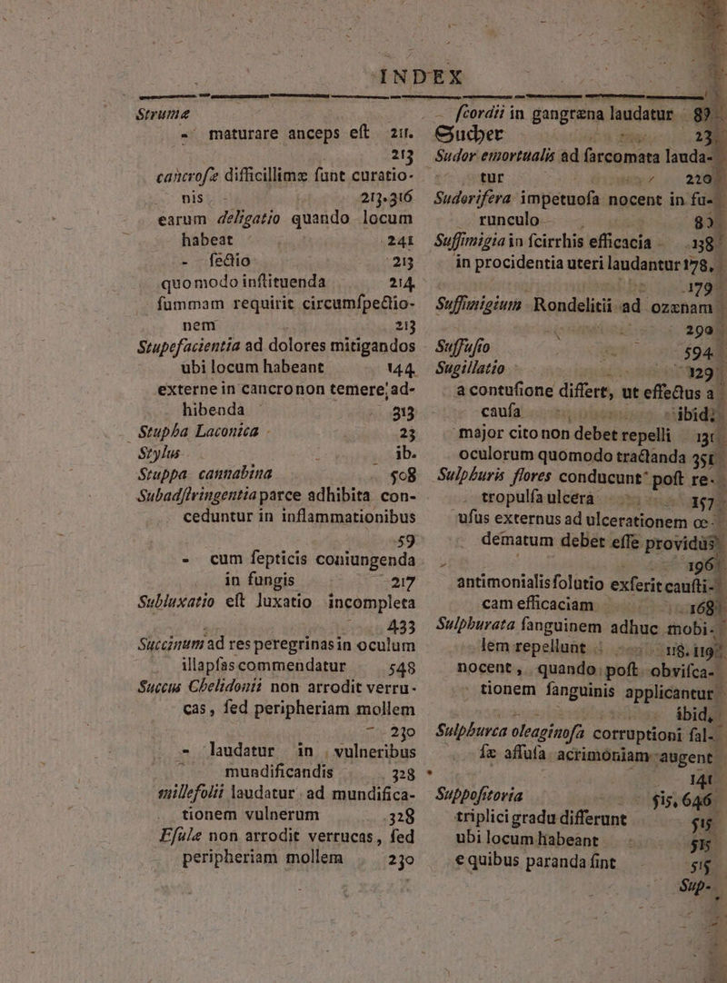Struma -' maturare anceps eft 2. 205 cancrofz difficillime fant curatio- . nis , 213.316 earum Jade quando locum habeat 241 - fe&amp;io 21 quomodo inftituenda 214. - fummam requirit circumfpe&amp;tio- nem 213 Stupefacientia ad dolores mitigandos ubi locum habeant externe in cancronon temere; ad- hibenda 213 Stupba Laconica - 23 Stylus i | db. Stuppa. cammabina $8 Subadflringentia parce adhibita con- ceduntur in inflammationibus 59 - cum fepticis coniungenda - in fungis 217 Subluxatio eft luxatio. incompleta 433 Siccimumi ad res peregrinasin oculum illapfas commendatur 548 Succ Chelidonii non arrodit verru- cas , fed peripheriam mollem .2]o 'ludatur in .. vulneribus mundificandis |. 328 suillefolit laudatur ; ad mundifica- tionem vulnerum 318 Ffule non arrodit verrucas, fed peripheriam mollem 2jo fcordii in gangrena laudatur - 8$ | Gudber rV 23. Sudor euortualis ad affinis lauda- tur Ta ny / 220 — Sudorifera impetuofa nocent in fus runculo - í 83. Suffimigiain fi cirrhis efficacia - p in progidentia uteri laudantur 178, i 2072798 Suffivitgium - Rondelitii nd: ozxnam | : 2 190. Suffu (io $94. Sugillatto 329]. acontufione dificrit a ut effeQus a. i caufa. 2235. sdibid2y major citonon debet repelli | 1307. oculorum quomodo traclanda 3508 Sulpburis flores conducunt* poft re. tropulfa ulcerà à n]. | ufus externus ad ulcerationem oc- dematum debet effe. providüs 3 - 196. antimonialisfolutio exferit caufti- cam efficaciam - 168 Sulphburata fanguinem adhuc. inobigi d lem repellunt .: m$. i9. nocent, . quando poft. obuia ' tionem fanguinis applicantur | ss» Abidii Sulphurca oleagimofa corruptioni fal. Íz affufa acrimóniam augent - I4 Suppofitovia $i 646. triplicigradu difiorunt s pns ubi locum liabeant 5s € quibus paranda fint