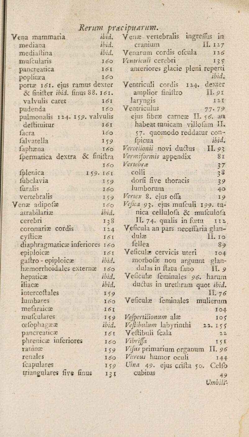 Vena mammaria mediana mediaitina mufcularis pancreatica poplitsea portae 161. ejus ramus dexter & finiiler ibid. firms 88. 161. valvulis caret 161 ibid. ibid. I 60 I 6 I 16o pudenda pulmonalis delibuitur facra lalvatella faphaena 160 124. 159. valvulis 161 I60 1 59 160 Ipermatica dextra 6c finiflra i<sb Rerum praecipuarum. ibid. Vense vertebralis ingre/Tus in cranium II. 127 Venarum cordis ofcula 126 Ventriculi cerebri 155 anteriores glacie pleni reperti ibid„ Ventriculi cordis 124» dexter amplior finiltro II. 91 laryngis 121 Ventriculus 77. 79 ejus iibrse carneae II. 5 6. an habeat tunicam villofam II. 57- quomodo reddatur con- fpicua ibida Vercellonii novi dudus II. 93 Vermiformis appendix Vertebra 8s ?7 fplenica 1 59. I6l colli 33 fubclavia 155? dorfi five thoracis 3? furalis 160 lumborum 40 vertebralis 159 Vertex 8. eius oda 19 Venae adipofae 160 Ve/ica 93. ejus mufculi 199. tu¬ atrabilariae ibid. nica ceilulofa mufculofa cerebri 138 II. 74* qualis in fetu 112 coronaria cordis 124 Veficula an pars neceiTaria glan- cyiticae I 61 dulse Ii. 10 diaphragmatica inferiores 160 fellea 89 epiploicae 161 Ve ficulae cervicis uteri 104 gallro - epiploicae ibid. morbo (ae non arguunt glan- hsemorrhoidaies externa 160 dulas in flatu fano II. 9 hepaticae ibid. Vedcuiae feminales 96. harum iliacae ibid. dudus in urethram quot ibid. intercoflales 119 II. 7* lumbare s I60 Vedcuiae feminales mulierum me far ai ese 161 104 mufculares VefpeniUonum alse 105 cefophagaeae ibid. Vefiibulum labyrinthi 22.15-7 pancreaticae 161 Veftibuli fcala 22 phrenica inferiores 160 Vibriffa 151 raninae 159 Vifus primarium organum II. 96 renales 160 Vitreus humor oculi 144 fcapulares 159 Ulna 49. ejus crifta 50. Cei io triangulares ftve finus cubitus 49 Vmhili*