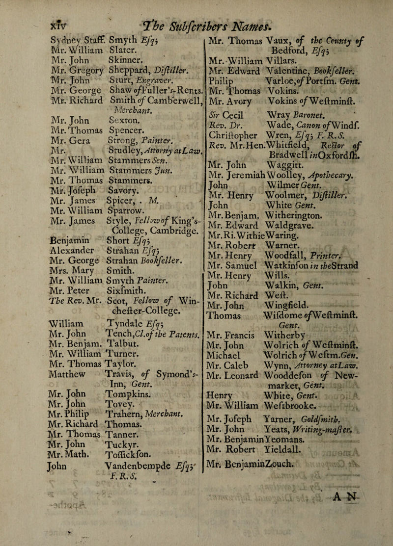 Sydney Staff Mr. William Mr. John Mr. Gregory Mr. John Mr. George Mr. Richard. Mr. John Mr. Thomas Mr. Gera Mr. Mr. William Mr. William Mr. Thomas Mr. Jofeph Mr. James Mr. William Mr. James Smyth Efq$ Slater. Skinner. Sheppard, Dijhller. Sturt, Engraver. Shaw ojTullerV Rents. Smith of Camberwell, Merchant. Sexton. Spencer. Strong, Painter. Benjamin Alexander Mr. George Mrs. Mary Mr. William Mr. Peter The Rev. Mr. William Mr. John Mr. Benjam. Mr. William Mr. Thomas Matthew Mr. John Mr. John Mr. Philip Mr. Richard Mr. Thomas Mr. John Mr. Math. John Studley ,Attorny atLaw. Stammers Sen. Stammers 3an. Stammers. Savory. Spicer, . M. Sparrow. Style, Fellow of King’s- College, Cambridge. Short Efqj Strahan Efq) Strahan Bookfeller. Smith. Smyth Painter. Sixfmith. Scot, Fellow of Win- chefter-College. Tyndale Efq Tench,Cl.of the Patetits. Talbut. Turner. Taylor. Travis, of SymondV Inn, Gejit. Tompkins. Tovey. Trahern, Merchant. Thomas. Tanner. Tuckyr. Toffickfon. Vandenbempde Efqy F. R. S. Mr. Thomas Vaux, of the County of Bedford, Efq) Mr.-William Villars. Mr. Edward Valentine, Bookfeller. Philip Varloe,o/Portfm. Gent. Mr. Thomas Vokins. Mr. Avory Vokins o/Weftminft. Sir Cecil Wray Baronet. Rev. Dr. Wade, Canon o/*Windf. Chriftopher Wren, Efq5 F. R.S. Rev. Mr.Hen.Whitfield, ReBor of Bradwell mOxford/h. Mr. John Waggitt. Mr. Jeremiah Woolley, Apothecary. John W ilmer Gent. Mr. Henry Woolmer, Dijhller F John White Gent. Mr. Benjam. Witherington. Mr. Edward Waldgrave. Mr. Ri. W ithie W aring. Mr. Robert Warner. Mr. Henry Woodfall, Printer. Mr. Samuel Watkinfon in r&amp;eStrand ' Mr. Henry Wills. ' John Walkin, Gent. Mr. Richard Weft. Mr. J ohn W ingfield. Thomas Wifdome o/W eftminft. Gent. Mr. Francis Witherby Mr. John Wolrich of Weftminft. Michael Wolrich of Weftm.Gen. Mr. Caleb Wynn, Attorney atLaw. Mr. Leonard Wooddefon of New¬ market, Gent. Henry White, Gent. Mr. William Weftbrooke. Mr. Jofeph Yarner, Goldfmith. Mr. John Yeats, JVriting-maJler. Mr. Benjamin Yeomans. Mr. Robert Yieldall. Mr. BenjaminZouch. A N w