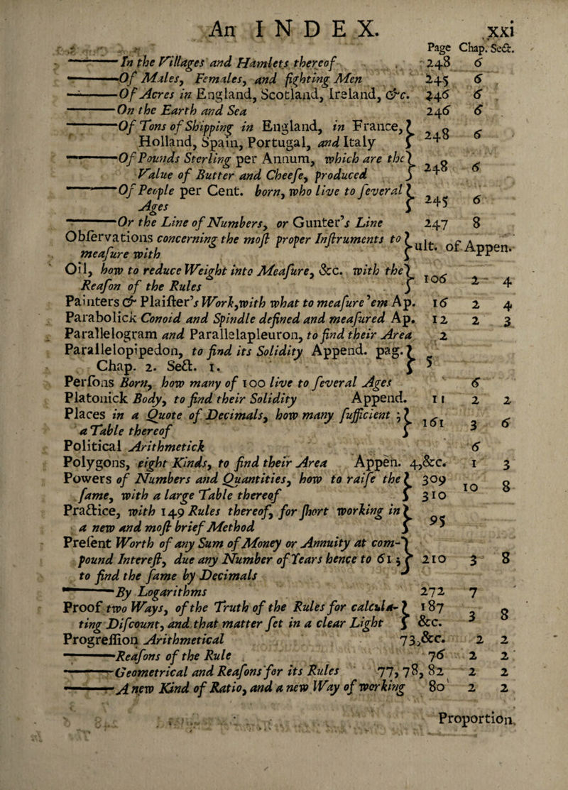 ' JfS “In the tillages and Hamlets thereof -Of MaleSy FemaleSy and fighting Men -Of Acres in England, Scotland, Ireland, &amp;c. On the Earth and Sea Page Chap; Se£h 72.48 * x, * ^ ' 'Of Pounds Sterling per Annum, which are the) lvalue of Butter and Cheefey produced j Of People per Cent. borny who live to feveral ? Ages J Or the Line of Numbersy or Gunter’/ Line Obfervations concerning the mofl proper Inftrumcnts ^ ~ * ‘ Vteafure with f * pps.11* } Oil, how to reduce Weight into Meafurey See. with the Reafon of the Rules Painters &amp; Plaifter’j Workywith what to meafure 'em Ap. Parabolick Conoid and Spindle defined and meafured Ap, Parallelogram and Parallelapleuron, to find their Area Parallelopipedon, to find its Solidity Append, pag. ? Chap. 2. Se£t. 1. y Perfoas Bomy how many of 100 live to feveral Ages Platonick Bodyy to find their Solidity Append. Places in a Quote of Decimals, how many fujficient y ? a Table thereof y Political Arithmetick Polygons, eight Kindsy to find their Area Appen. 4 Powers of Numbers and Quantitiesy how to raife the ? famey with a large Table thereof j Practice, with 149 Rules thereof for Jhort working in &gt; a new and mofl brief Method y Prelent Worth of any Sum of Money or Annuity at com¬ pound In ter eft y due any Number of Fears hence to 61 to find the fame by Decimals -'Ey Logarithms Proof two Way sy of the Truth of the Rules for calcula-) ting Difcounty and that matter fet in a clear Light y Progreflion Arithmetical 73 ~ 'Reafons of the Rule . -- Geometrical and Reafons for its Rides 77&gt; 1« i+5 6 34 5 6 .y 245 6 - 248 6 ~ ' ‘ 248 6 245 6 247 8 lit. of Appen* io5 2 4 16 2 4 12 2 3 2 5 t V.  &lt;S I 1 2 2 \6l 3 6 • * 6 ,&amp;C4 1 3 309 10 8 310 9$ 210 mm 3 8 27 2 7 187 See. 3 8 ,&amp;c. 2 2 76 2 2 'y 82 2 2 8° 2 2 Proportion