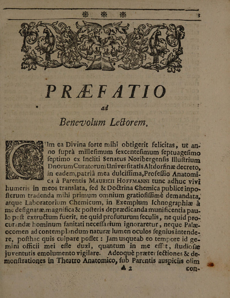 - -Benevolum Le&amp;orem, ^ : j / - ^ , . - «591m ea Divina forte mihi obtigerit felicitas, ut an- A Mo no fuprà millefimum fexcentefimum feptuagefimo 2o(4 feptimo ex Incliti Senatus Noribergenfis Illuftrium c33c DnorumCuratorumUniverfitatisAltdorfinze decreto, Wonwejge jM in eadem,patrià mea dulciffima,Profelfio Anatomi- o CHE TT ca à Parentis Maunicir HoFrMANNI tunc adhuc vivi humeris in meos translata, fed &amp; Do&amp;rina Chemica publice inpo- . fterum tradenda mihi primum omnium gratiofiffimé demandata, atque Laboratorium Chemicum, in Exemplum Ichnographiae à | m: defignata,magnifica &amp; poíteris depraedicanda munificentia pau- lo pcft extru&amp;um fuerit, ne quid profuturum feculis, ne quid pro- curanda bominum fanitati neceffarium ignoraretur , neque Pala. ocomen ad contemplondum naturz lumen oculos fegniusintende- re, pofthac quis culpare poflet : Jam usqueab eo tempore id ge- mini officii mei efle duxi, quantum in me efft, ftudiofae monftrationes in Theatro Anatomico, in: Parentis auspiciis olim E: , | 2 lu