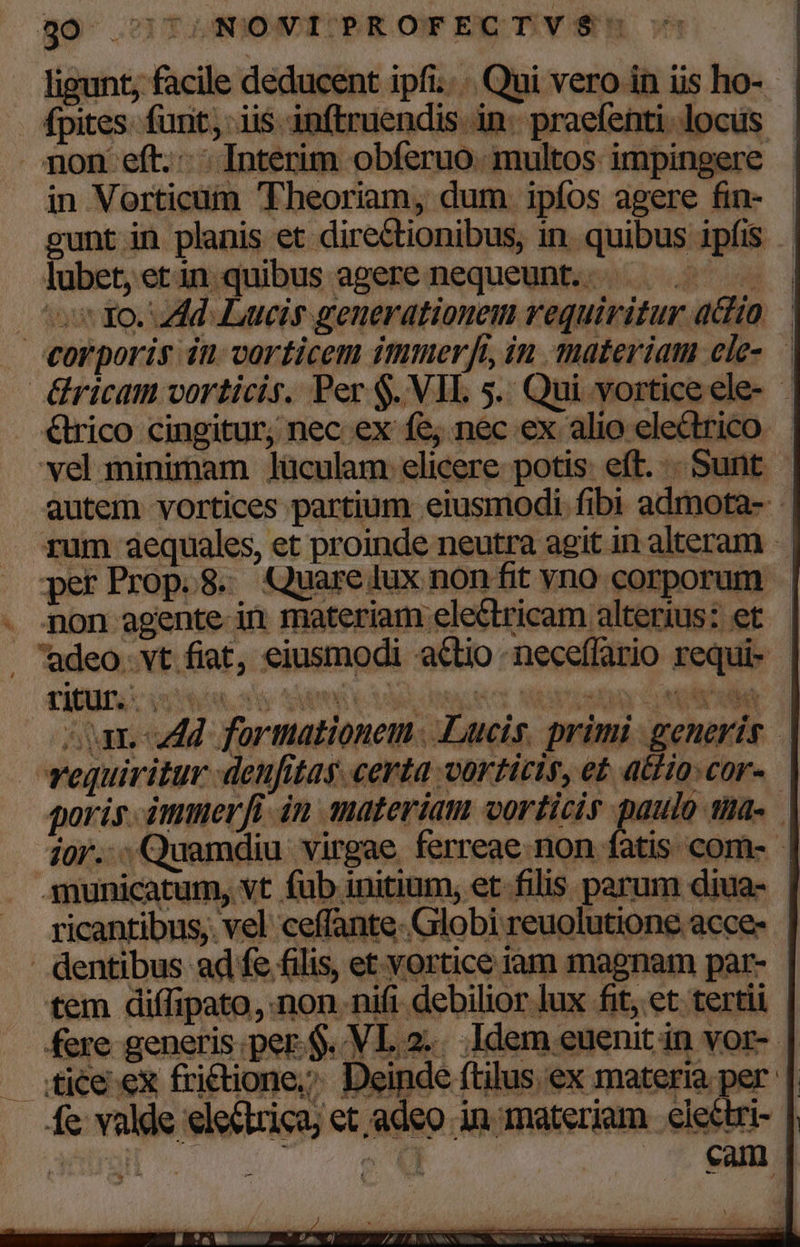 go .77T4.NONVIPROFECT V$5 lieunt, facile deducent ipfi... Qui vero in üis ho- fpites funt, iis inftruendis in. praefenti locus - non eft. Interim obferuo. multos impingere | gunt in planis et directionibus, in. quibus ipfis lubet,etin quibus agere nequeunt... . v Xo. dd Lucis generationem vequiritur adio. — corporis in vorticem immoerft, in materiam ele-.— &amp;ricam vorticis. Per $. VIL 5. Qui vorticeele- €trico cingitur, nec ex fe; nec ex alio electrico. vel minimam Jüculam elicere. potis: eff... Sunt | autem vortices partium eiusmodi. fibi admota- rum aequales, et proinde neutra agit in alteram | perProp.8. ZQuarelux non fit yno corporum - - pon agente in materiam electricam alterius: et - adeo vt fiat, eiusmodi actio neceffario requi- - cuam udd formationem. Lucis. primi. generis vequiritur :deufitag.certa vorticie, e£ atdio-cor- poris. immerfi in. amateriam vorticis paulo tia- jor..: Quamdiu virgae ferreae.non fatis com- | 3nunicatum, vt fub initium, et. filis parum diua- | ricantibus, vel ceffante- Globi reuolutione acce- | h am magnam par-- tem diffipato, non. nifi debilior lux fit, et tertii w^ fere generis per$.VL2.. Idem euenit in vor- | tice ex fri£tione;.. Deinde (tilus ex materia per | Sac adeo in materiam cleétri-