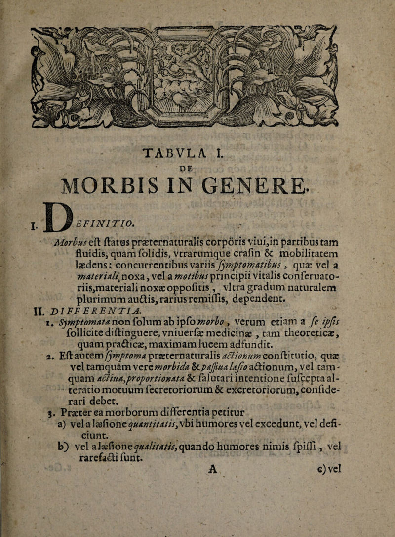 MORBIS IN GENERE. n [. ^JjfzFINITIO. Morbus eft flatus praternaturalis eorpdris viui,in partibus tam fluidis, quam folidis, vtrarnmque crafin &: mobilitatem laedens: eoncurr entibus variis fymptom&tibus , quas vel a materiali\ noxa, vel a motibus principii vitalis conferuato- riis,materiali noxas oppofitis, vitra gradum naturalem plurimum au&is, rarius remiffls, dependent. II. Dl FF E R ENTI A. x. Symptomata non {olum ab ipCo morbo , verum etiam a fe ipjis follicitediftinguere,vniuerfa:medicina: , tam theorecicae, quam prafticse, maximam lucem adfundit. 2. Efl: autemfymptoma pratternaturalis aclionum conflitutio, qua: vel tamqu&mvczzmorbida fcpajfiuaLJioa&ionum, vel tam¬ quam atliiiA^proportioxata &: faiutari intentione fufceptaal- teratio motuum fecretoriorum & excretoriorum, confide- rari debet, 3. Praeter ea morborum differentia petitur a) vel a lasfione quantitatis^ vbi humores vel excedunt, vel defi¬ ciunt. b) vel al&ftone qualitatis, quando humores nimis fpiffi, vel rarefa£ti funt. e) vel A