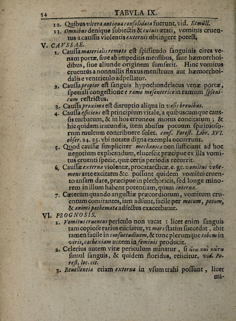 12. Qnjbu$T^/^r4antiqua confvlidata fuerunt, vid. Ftmull. 13. Omnibus denique fufaie&amp;is&amp; wW/xcaci, vomicus cruen¬ tus a cauflis violentis externis obtingere poteft, V. CAVSSAE. -V '»”•'-‘VkC V 1. Caufla materialis remota eft fpiflicudo fanguinis circa ve¬ nam porta?, flue ab impeditis menfibus, Uue haemorrhoi- dibus, fiue aliunde originem fumferit. Hinc vomicus cruenMs a nonnullis flnxusmenftruus auc hxmorrhoi- dalis e ventriculo adpellatur. 2. CieoR&amp;propior eft fanguis hypochondriacus vense porta?, fpeeiali congcftione e ramo mefenter/comz&amp;mum {pleni- cum reftri&amp;us. 3. Cauflaproxima eft disruptio aliqua in vafts breuibits. 4. Caufla eft principium vitale, a quibuscumque caus- fis turbatum, Sc in hos erroneos motus concitatum 3 &amp; hic quidem iracundia., item abufas potuum fpiricuofo- rum multum contribuere folet. oonf For eft* Libr. XVL obfer. 24.25. vbi notatu digna exempla occurrunt. 5. Quod cauflse fimpliciter mechanicanonfufficiant ad hoc negotium explicandum, elucefck praecipue ex illa vomi¬ tus cruenti fpecie,<]U£e certis periodis recurrit. 6V Cauflae externa violenta, procatar&amp;icx, e. gr. vomitus vehe- mens arte excitatus &amp;c. pofTunt quidem vomitui cruen¬ to anfam darejpr^cipuem plethoricisjfed longe mino¬ rem inillum habent potentiam,quam interna. 7. Cxterum quando anguftia? praecordiorum, vomitum cru¬ entum comi tantes, iam aafunt, facile per motum, potum, &amp;: animipathemata adfedus exacerbatur. VI. PROGNOSIS. 1. yomitus cruentus periculo non vacat : licet enim fanguis tam copiofe rarius eiiciatur,vt^^jftacimfuecedat, abit tamen facile in confuetudinem, &amp; tunc plerumque tabem in viriSy cachexiam autem in feminis producit. 2. Celerius autem vitae periculum minatur , fi olm v.cu yAto» fimul fanguis, &amp; quidem floridus, reiicitur, vid. For reft. loc. cit. 3. Revellentia etiam externa in vfum trahi poflfunc, licet